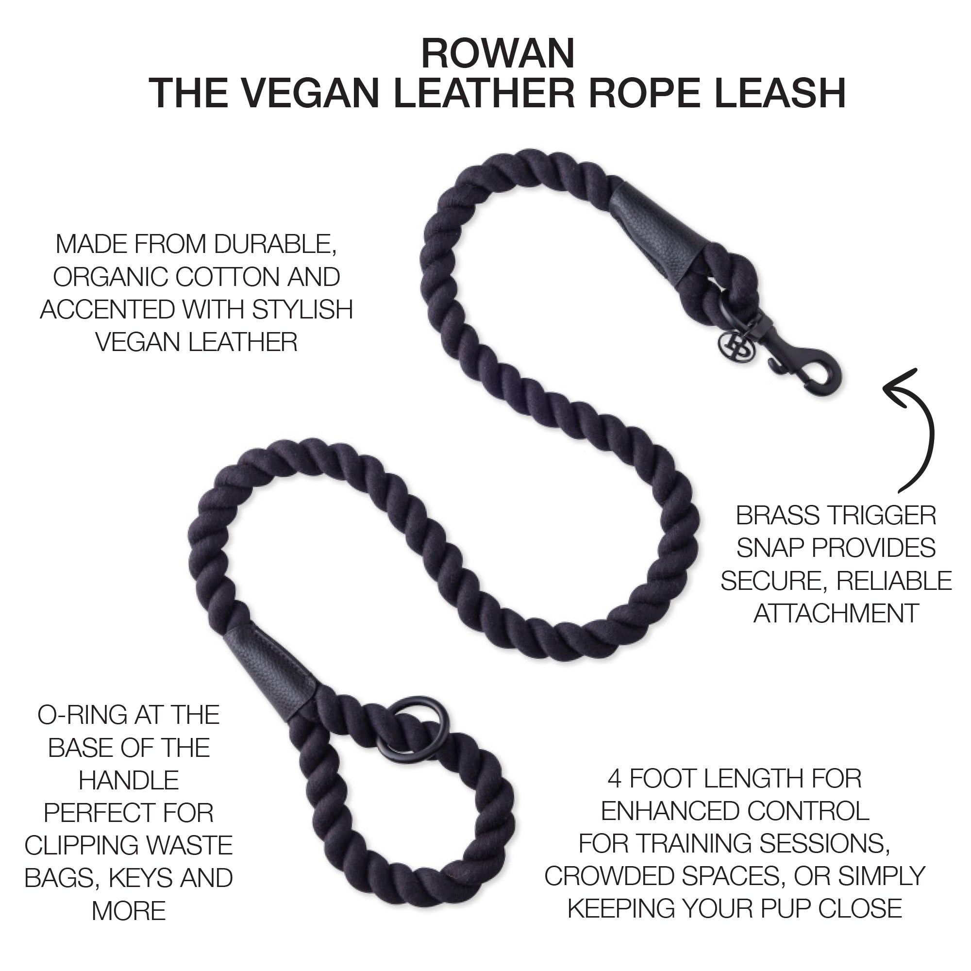 rope leash surrounded by product descriptions with ROWAN title at the top