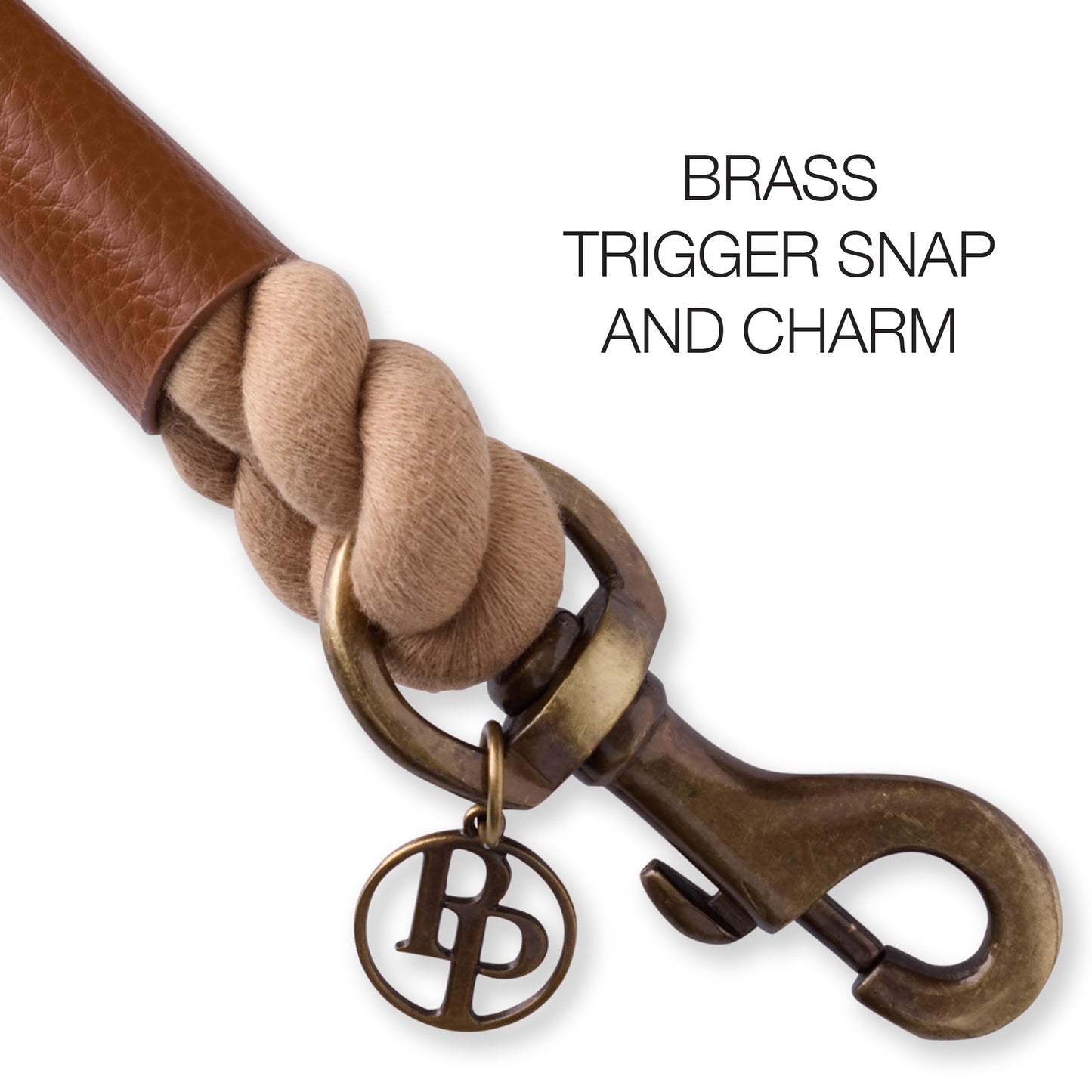Close-up of the ROWAN leash hardware, including the tripper snap and pet passion charm

