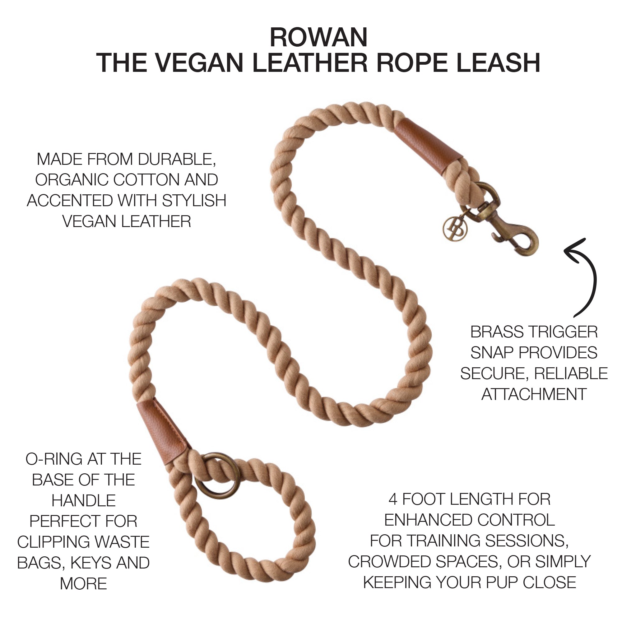 rope leash surrounded by product descriptions with ROWAN title at the top
