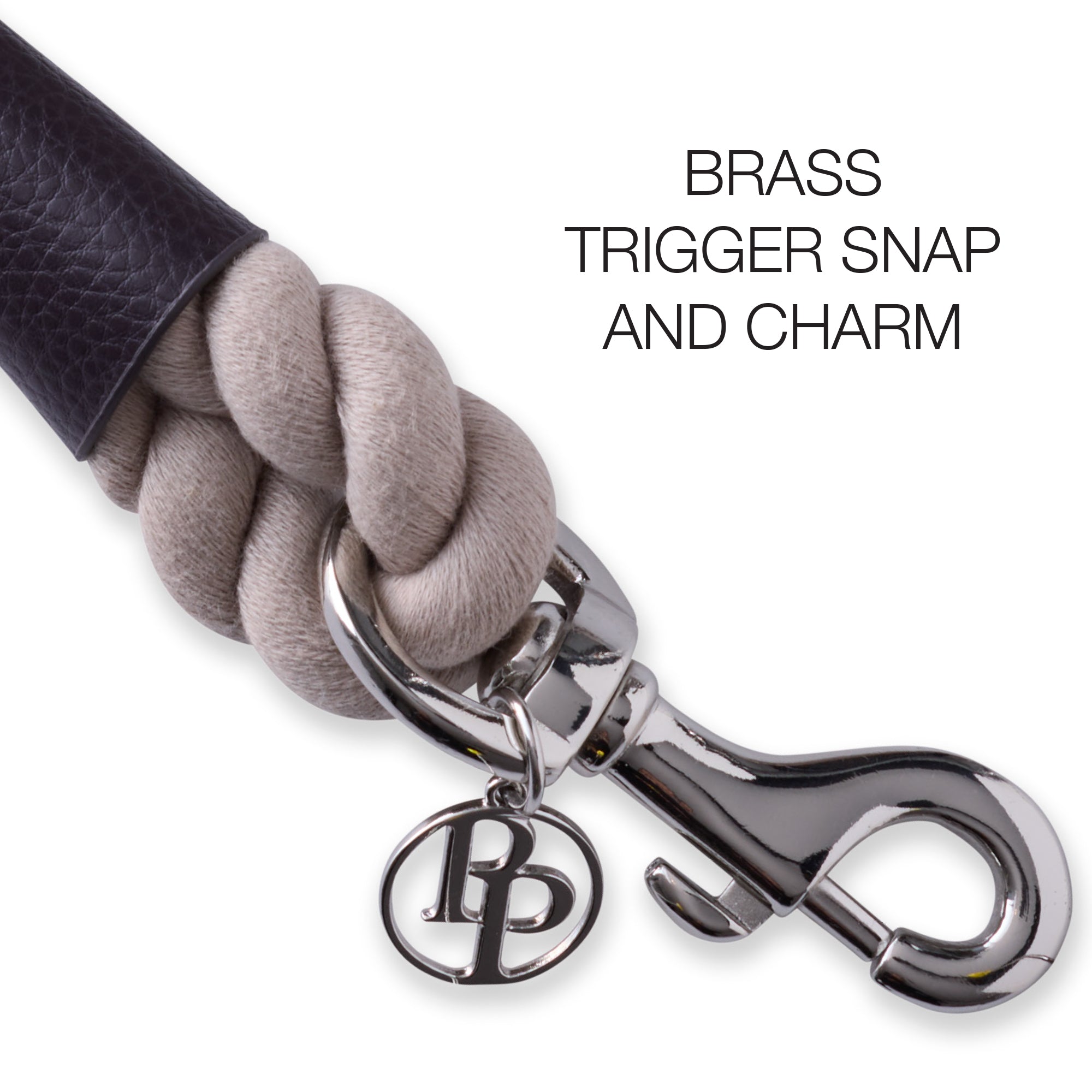 Close-up of the ROWAN leash hardware, including the tripper snap and pet passion charm
