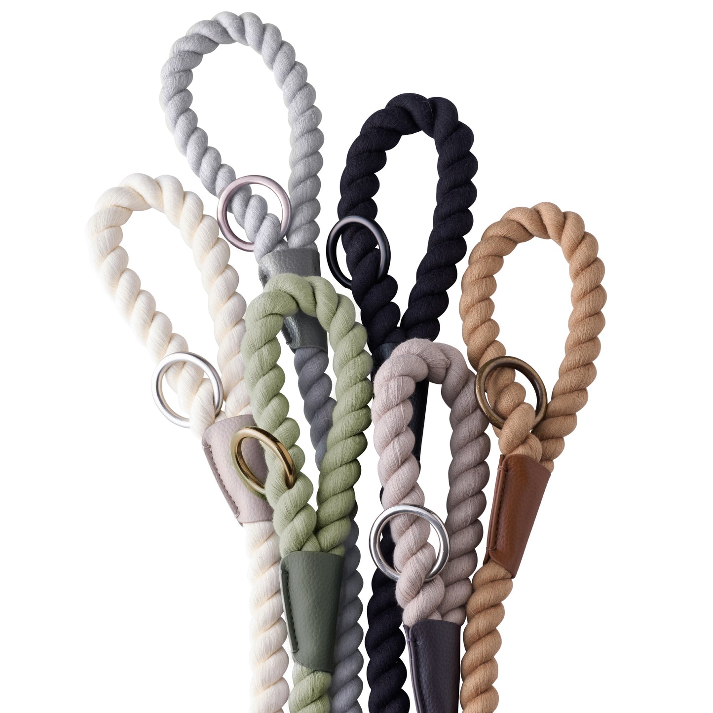 Display of the handles of every color of the ROWAN rope leash
