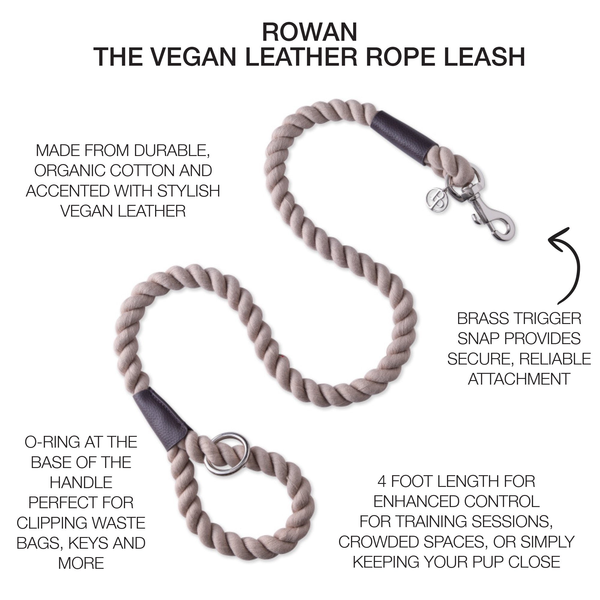 rope leash surrounded by product descriptions with ROWAN title at the top