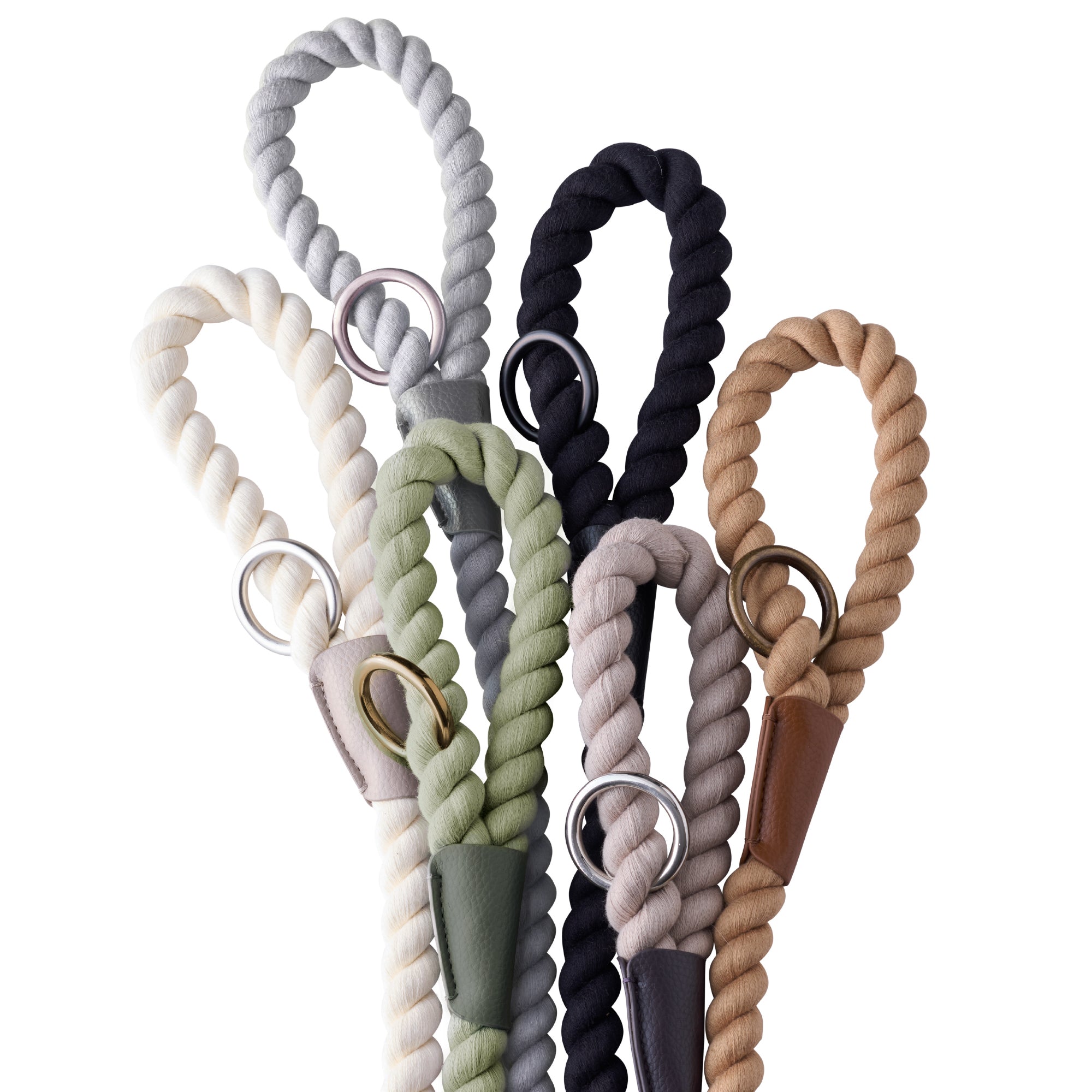 Display of the handles of every color of the ROWAN rope leash
