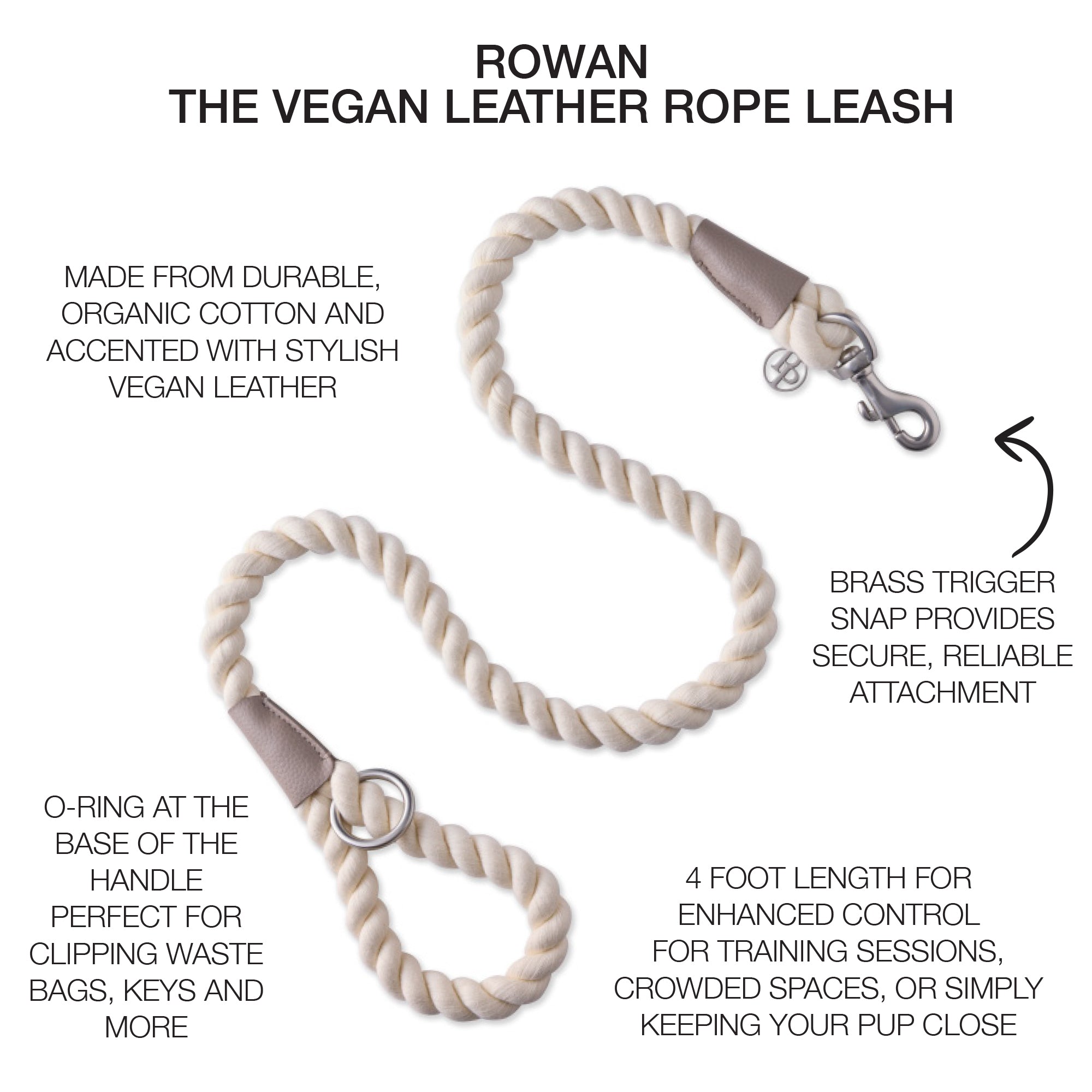 rope leash surrounded by product descriptions with ROWAN title at the top
