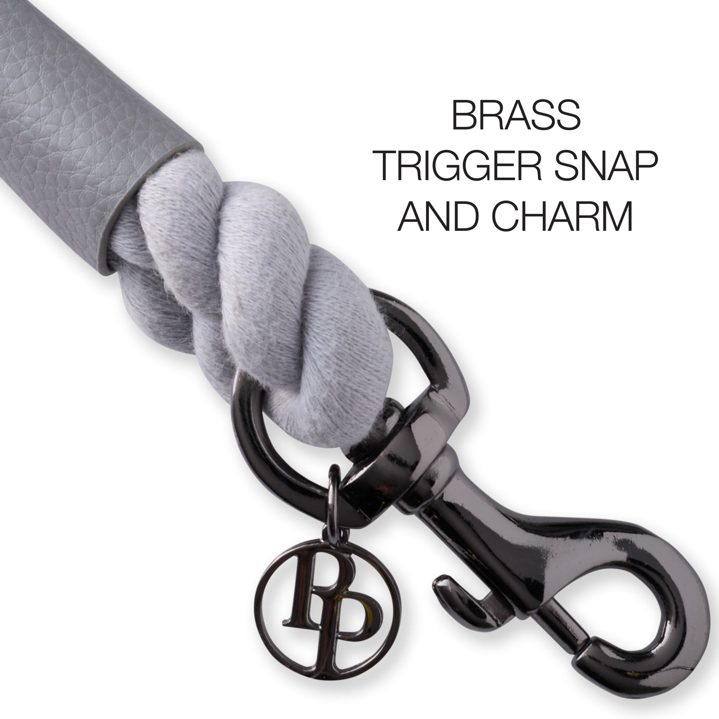 Close-up of the ROWAN leash hardware, including the tripper snap and pet passion charm
