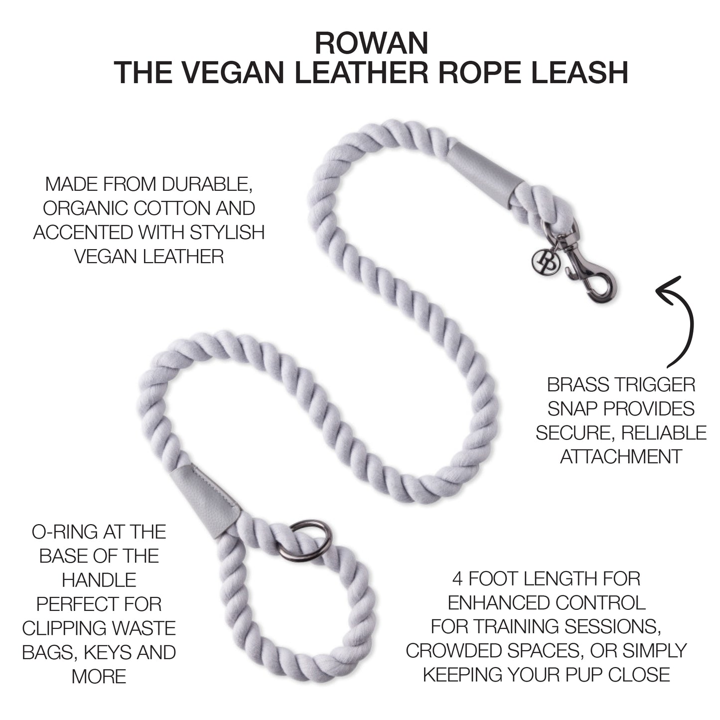 rope leash surrounded by product descriptions with ROWAN title at the top
