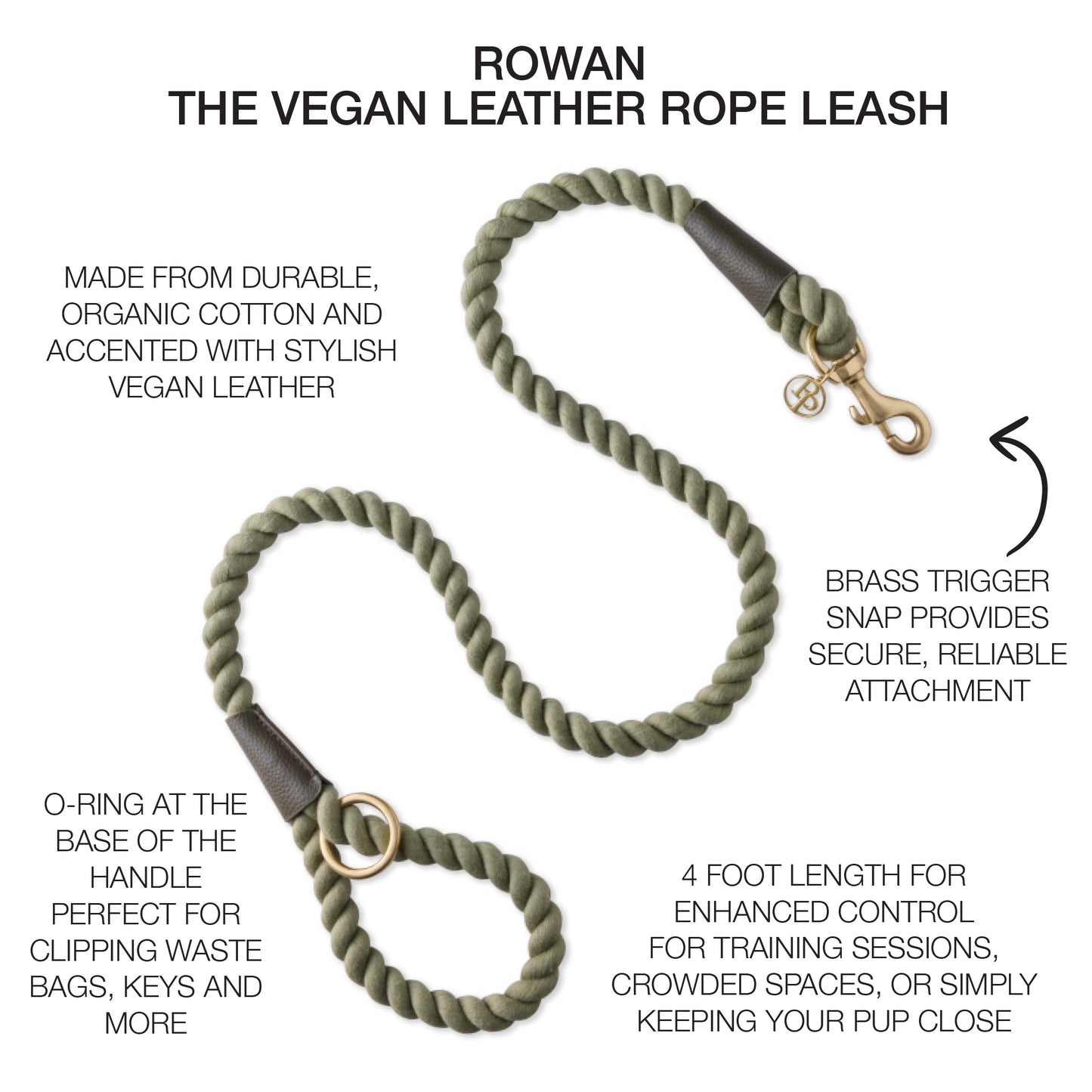 rope leash surrounded by product descriptions with ROWAN title at the top
