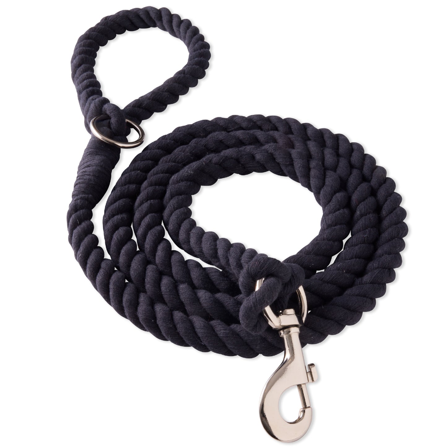 Black twisted rope leash winded on a white background