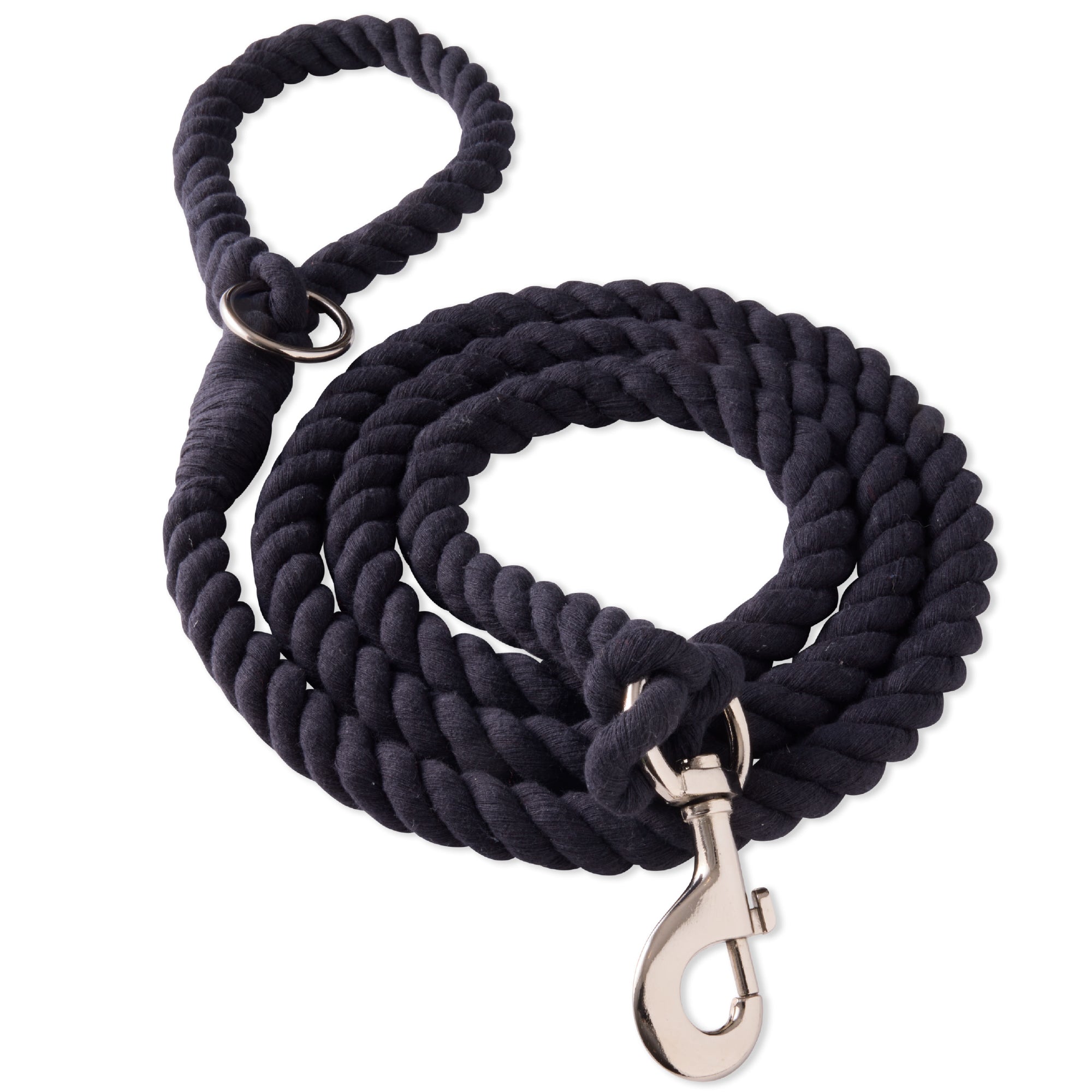 Black twisted rope leash winded on a white background