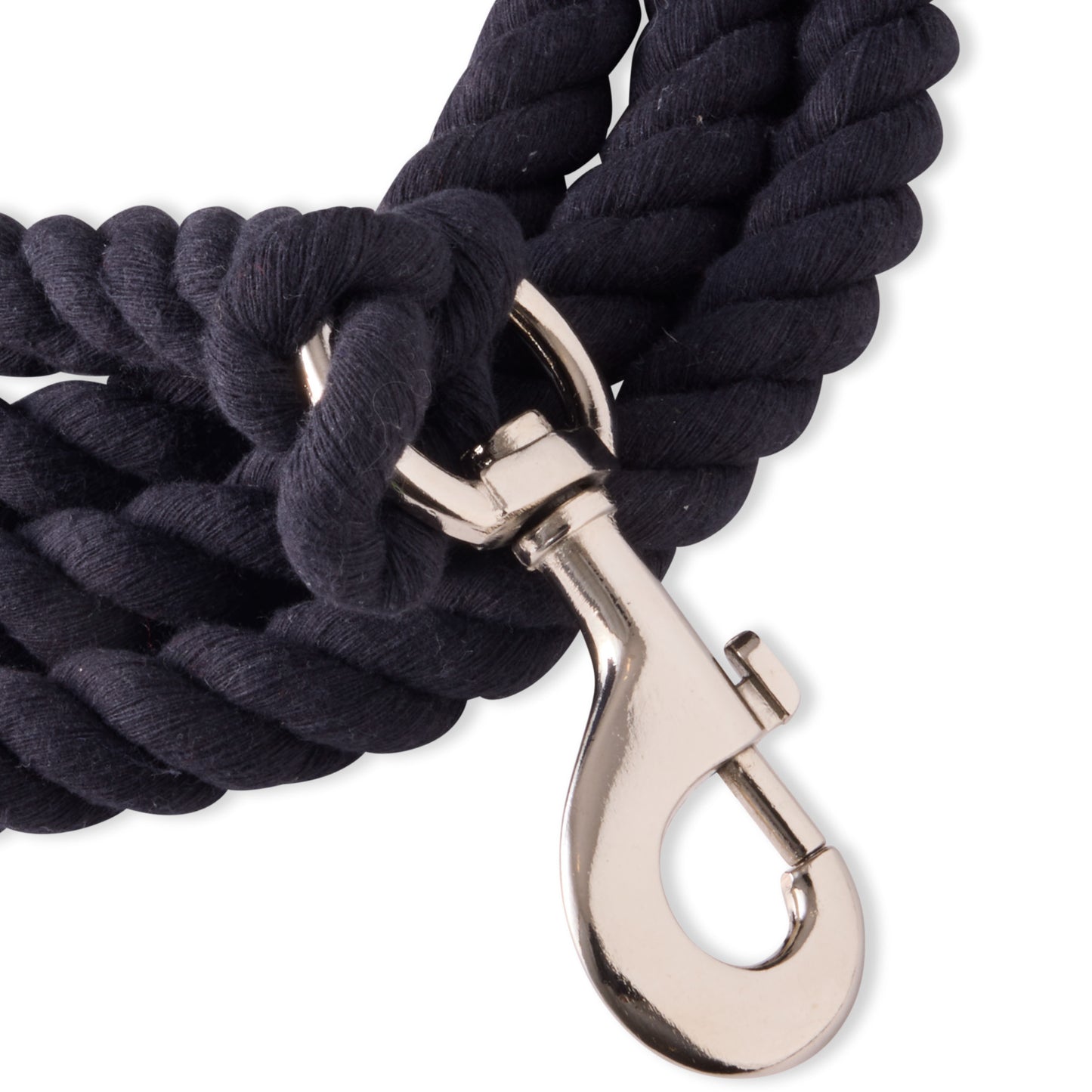 close up of rope leash clip hardware
