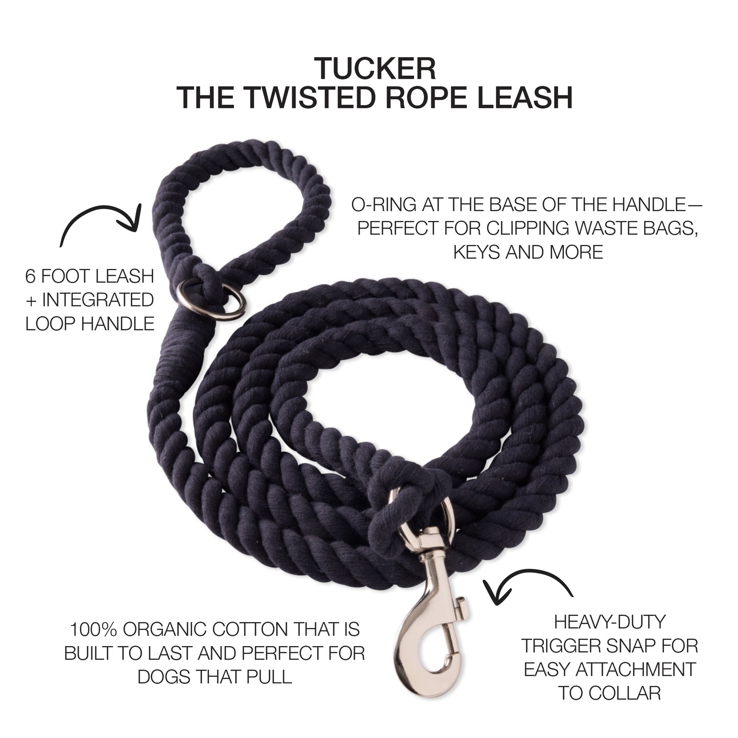Pink twisted rope leash with the Tucker title and product descriptions around it
