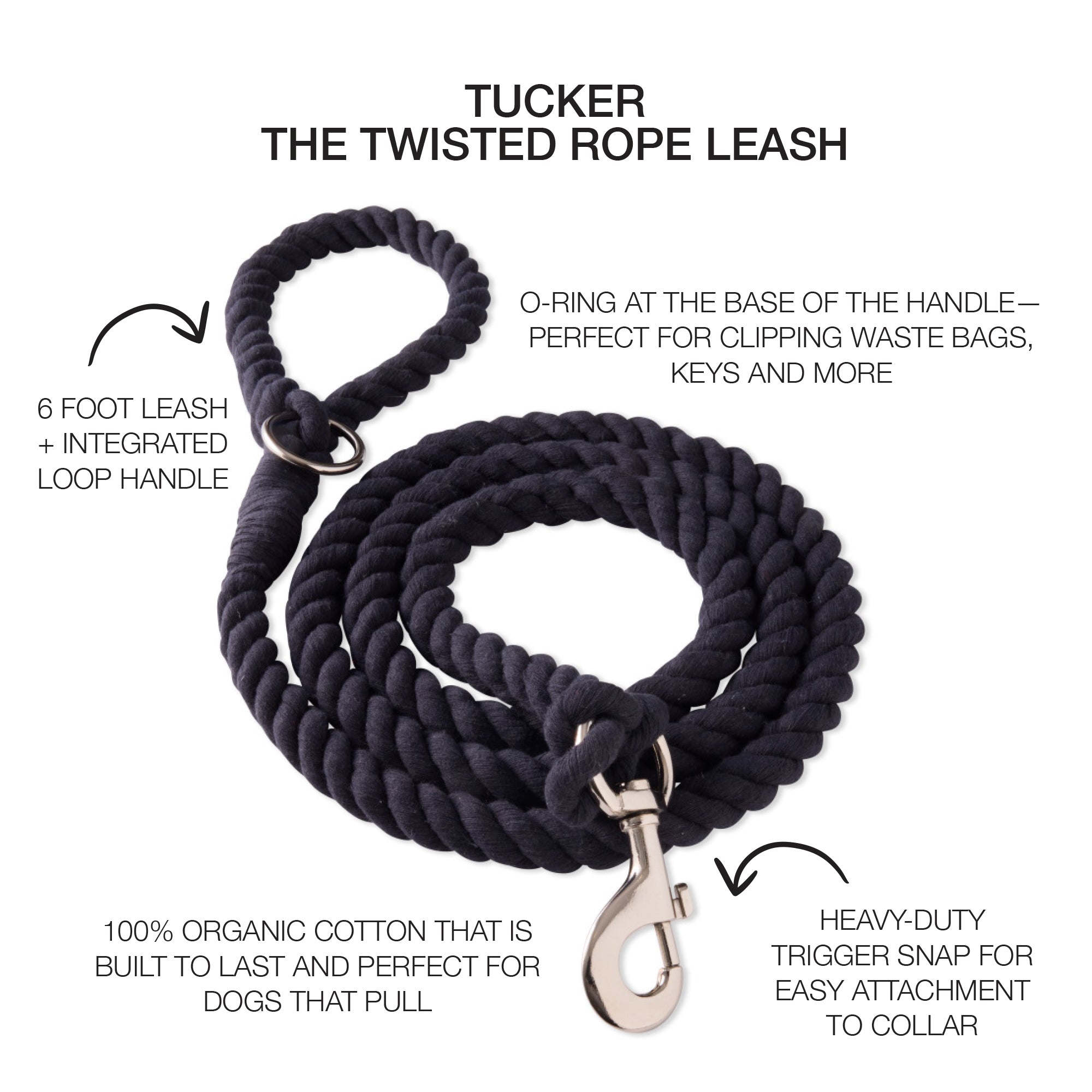 Pink twisted rope leash with the Tucker title and product descriptions around it
