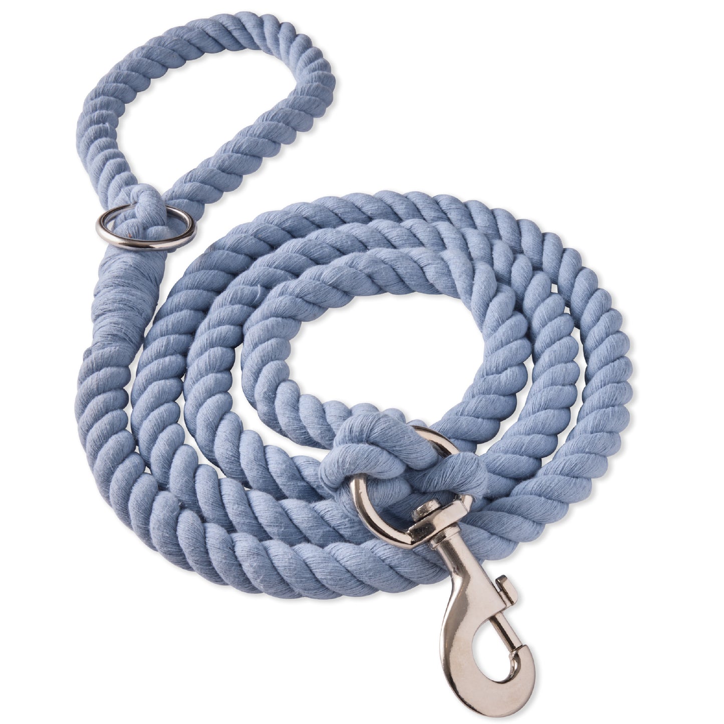 Faded denim twisted rope leash winded up on a white background