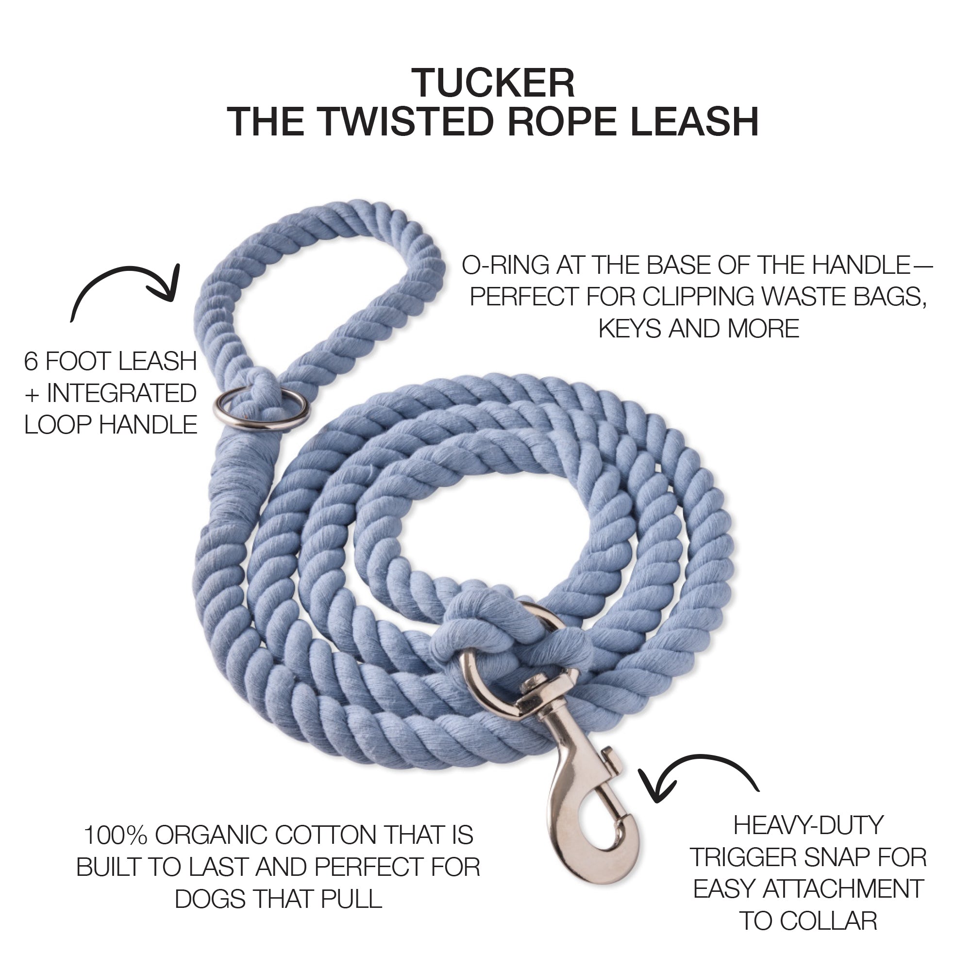 Faded denim twisted rope leash with the Tucker title and product descriptions around it
