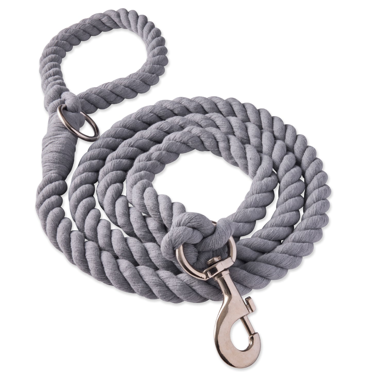 Gray twisted rope leash winded n a white background