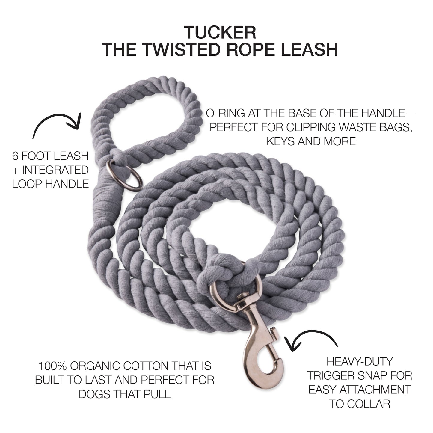 Gray twisted rope leash with the Tucker title and product descriptions around it
