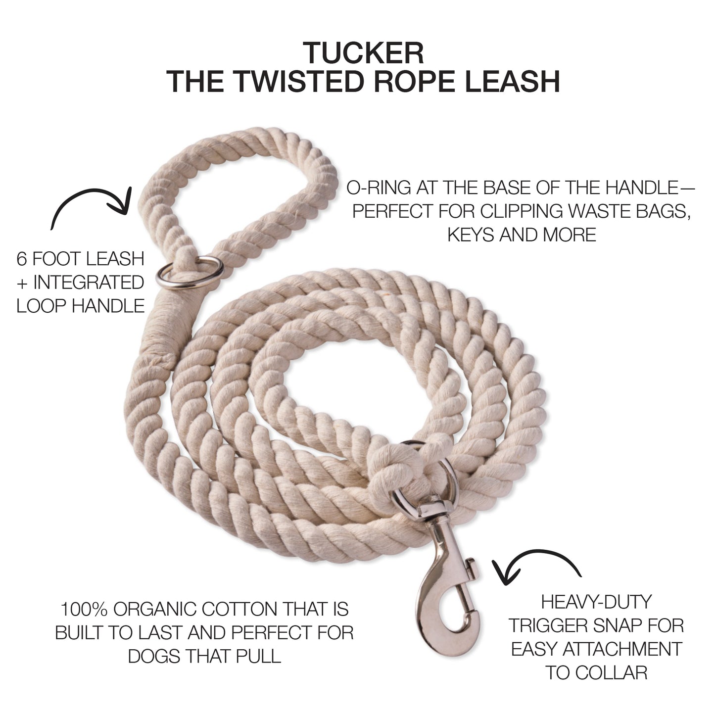 Pink twisted rope leash with the Tucker title and product descriptions around it
