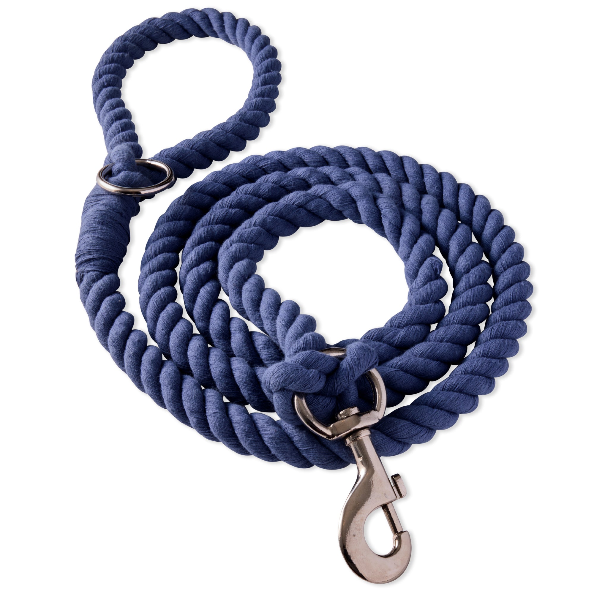 Navy twisted rope leash twisted up on a white background