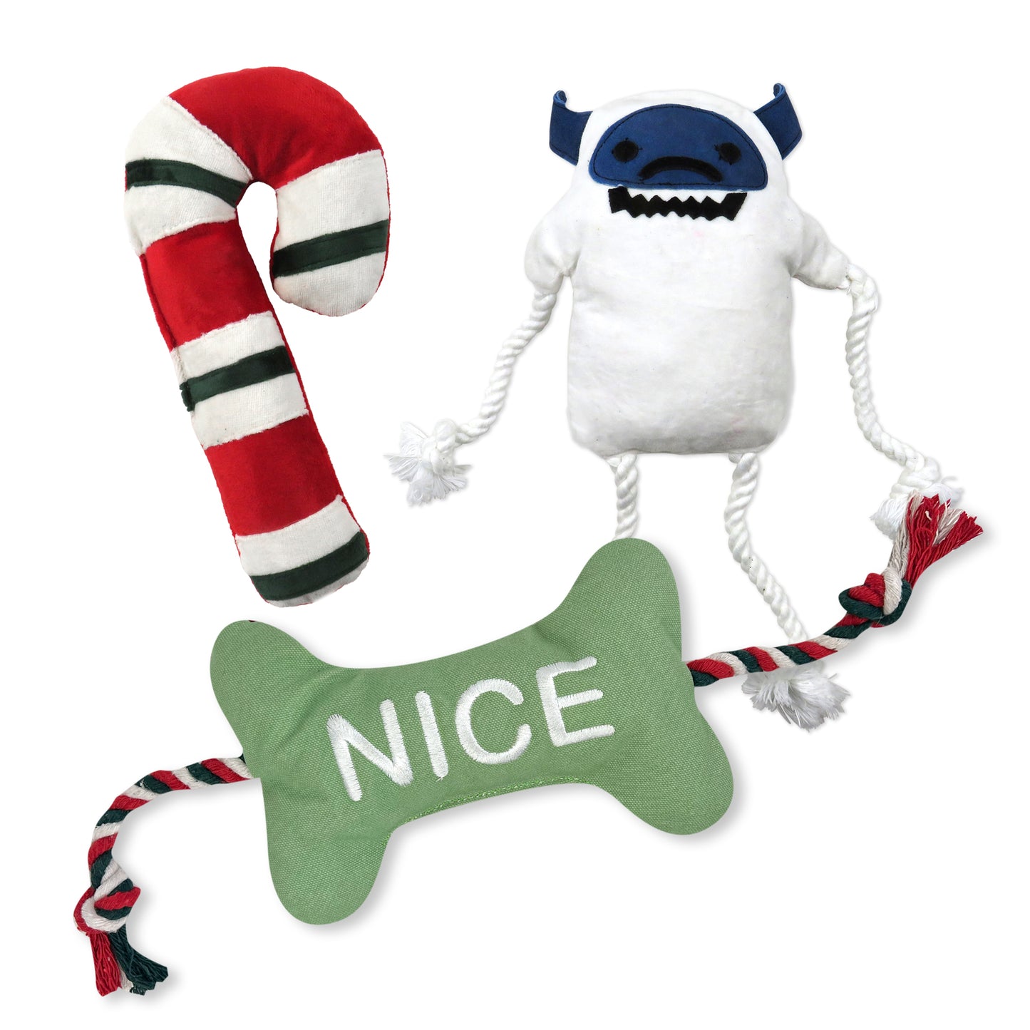 Pet Passion Holiday Buddies dog toy collection — coordinating winter holiday-themed plush toys for festive play