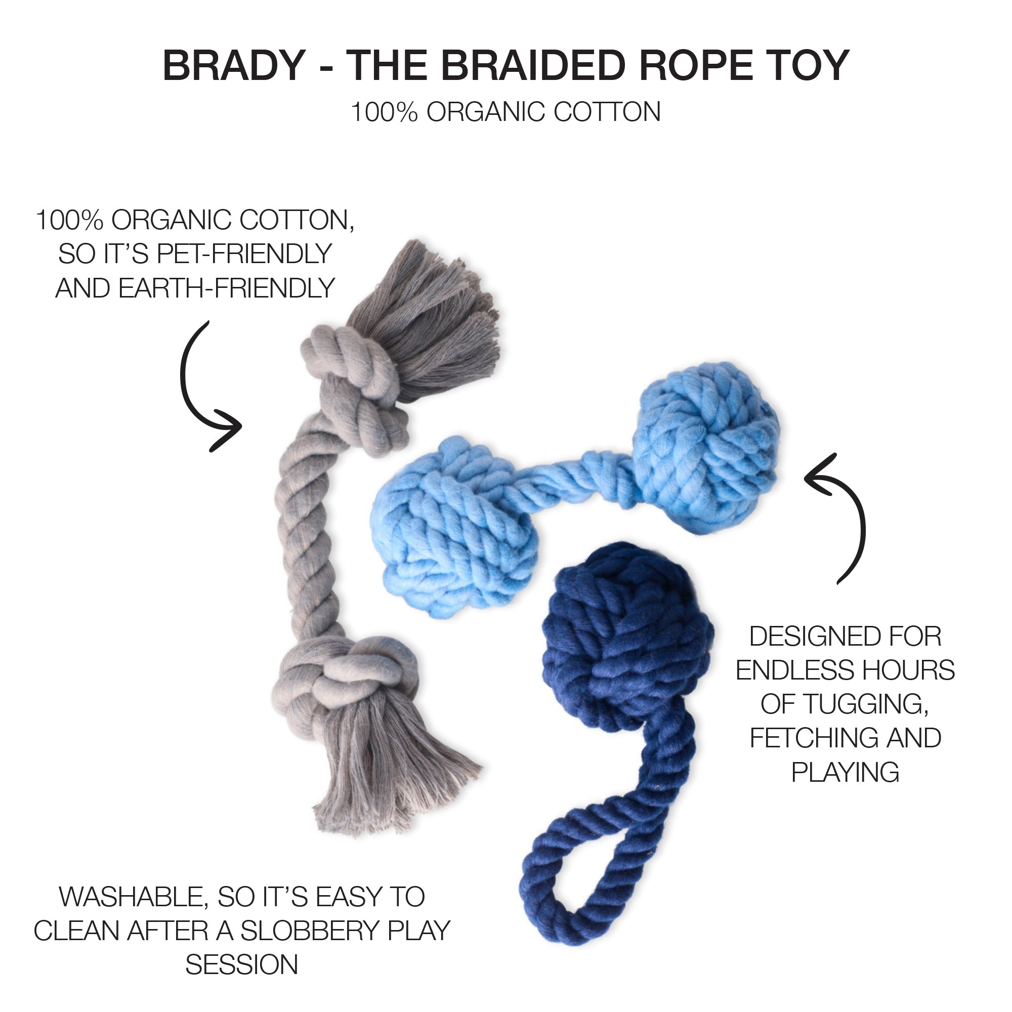BRADY - THE ROPE TUG TOYS, 3-PACK, BLUE OMBRE