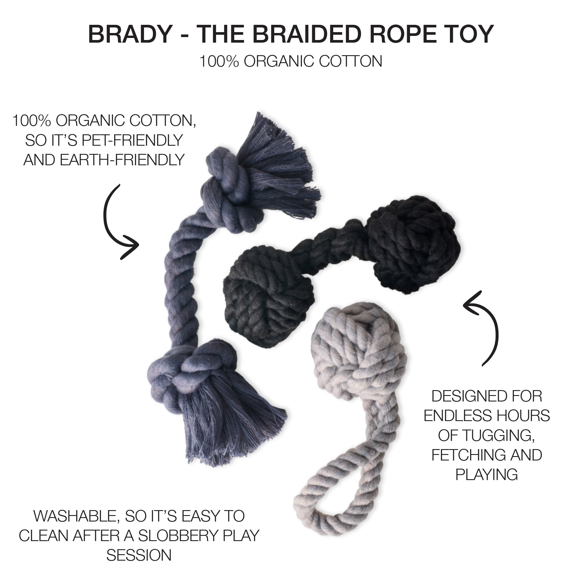 BRADY - THE ROPE TUG TOYS, 3-PACK, GRAY OMBRE