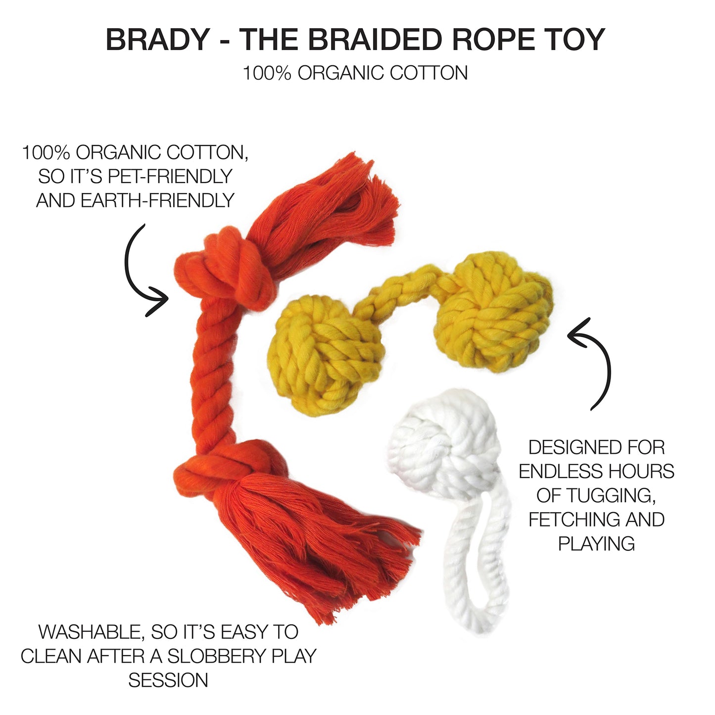 rope toys with product descriptions surrounding them, BRADY title at the top
