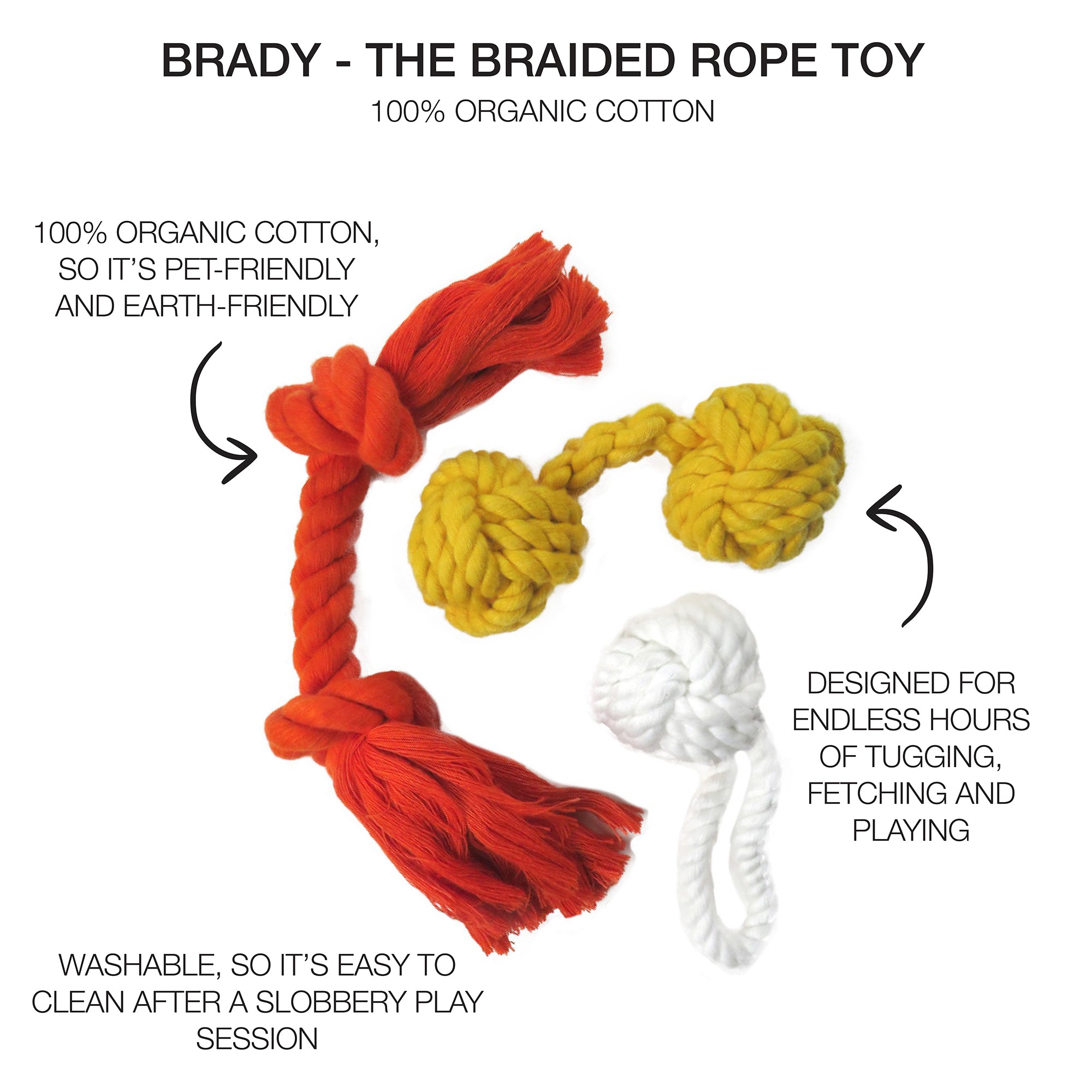 rope toys with product descriptions surrounding them, BRADY title at the top