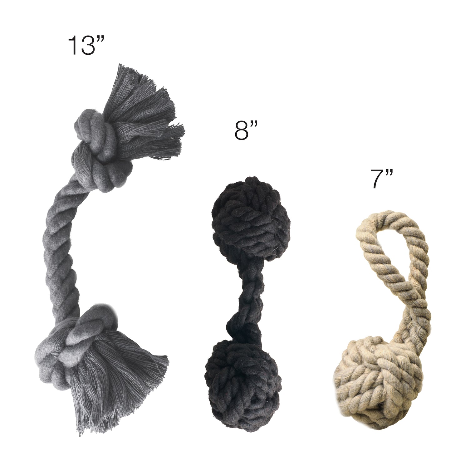 Three different sizes of the Brady rope tug toy, with measurements of each at the top