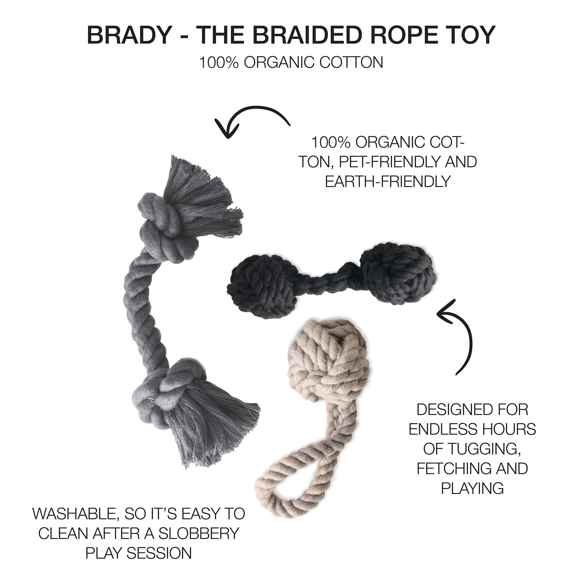 Rope tug toys with product descriptions surrounding them and Brady title at the top