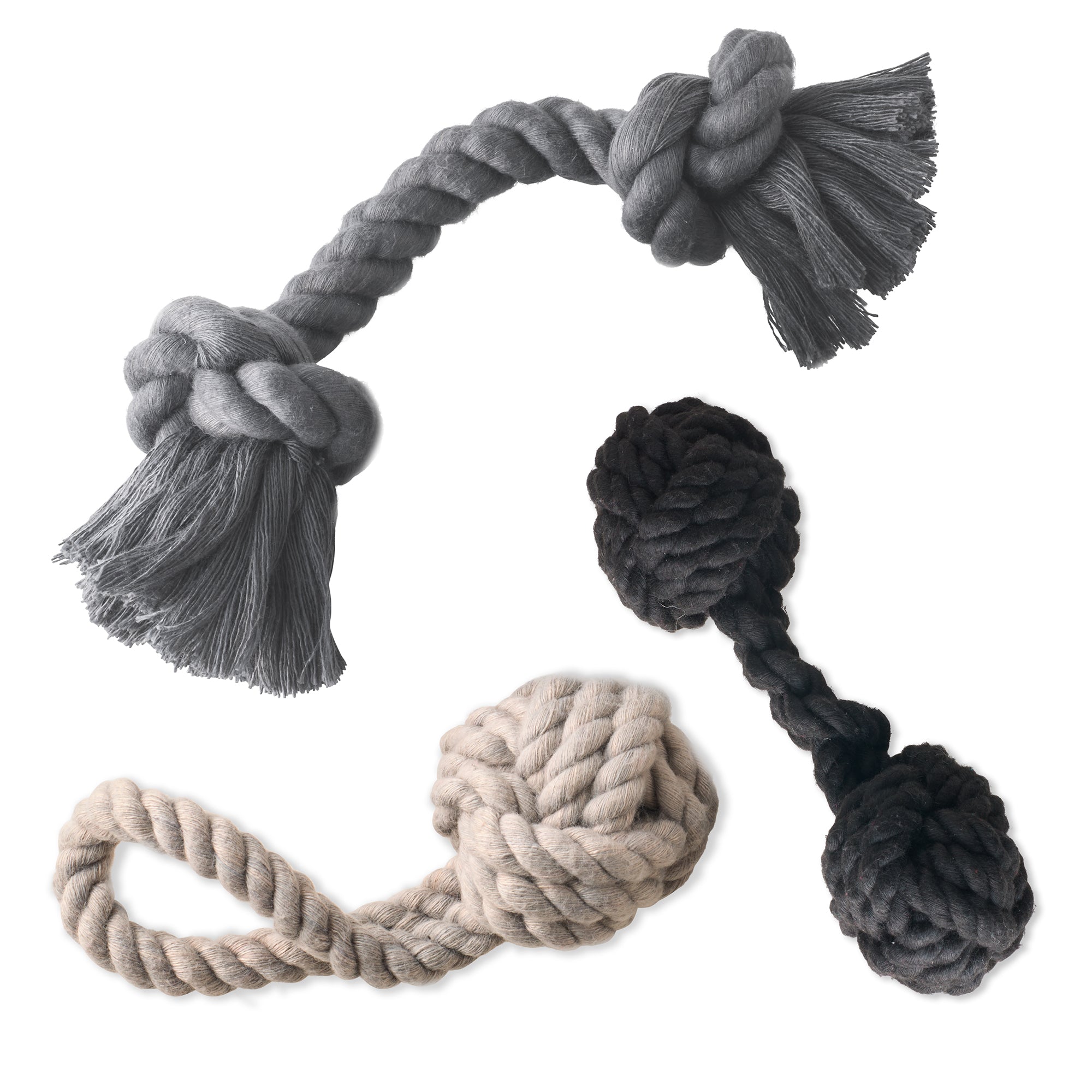Grey, black, and beige rope tug toys on a white background