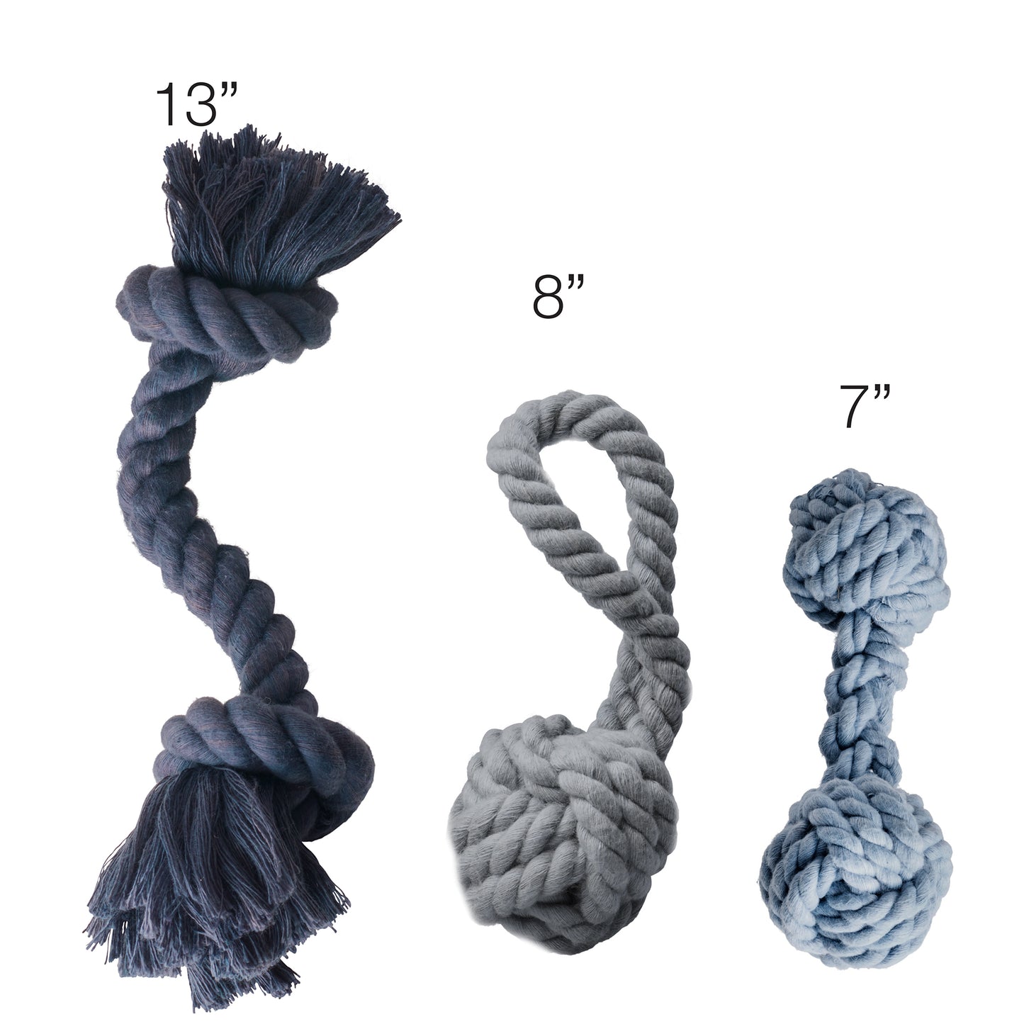 3 rope tug toy's all in different sizes with measurements at the top