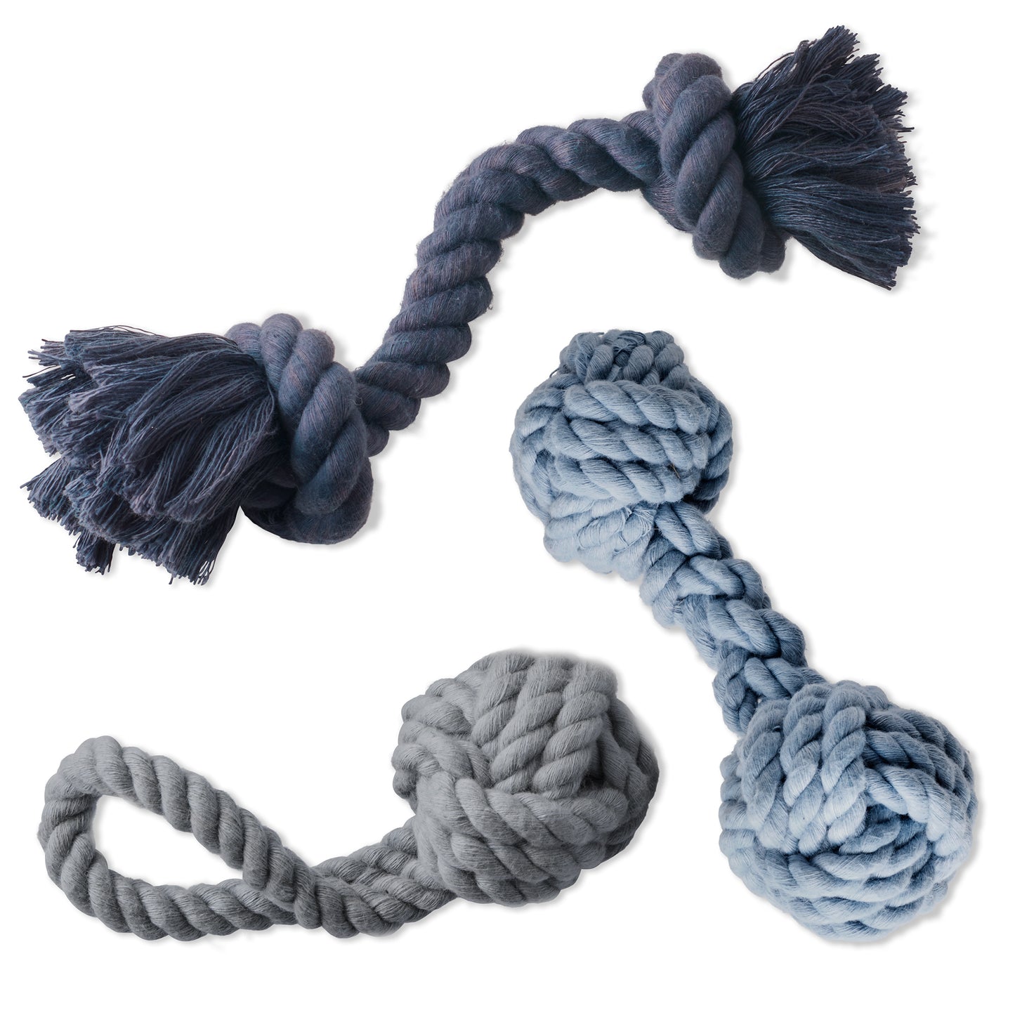Dark blue, light blue, and grey rope toys on. a white background