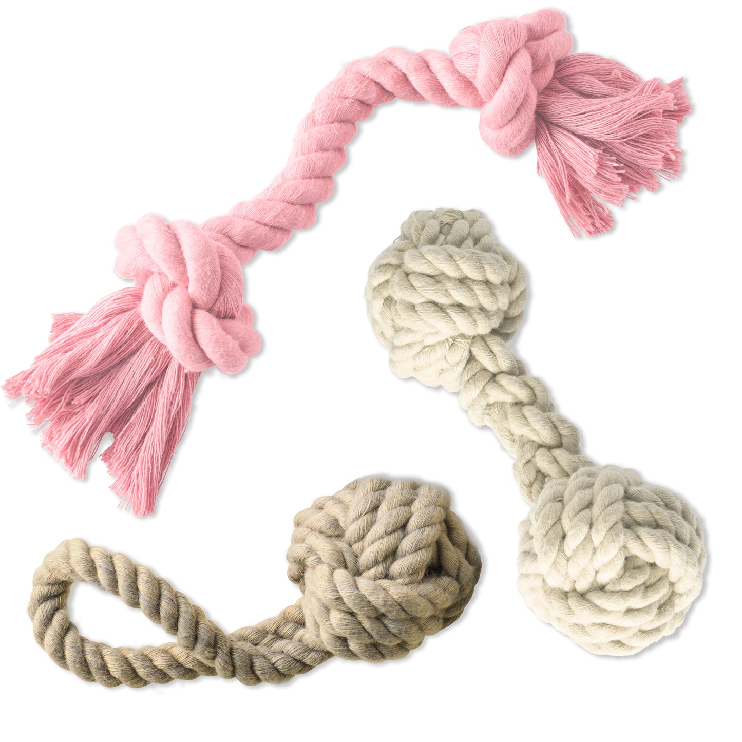 Pink, beige, and cream rope toys on a white background