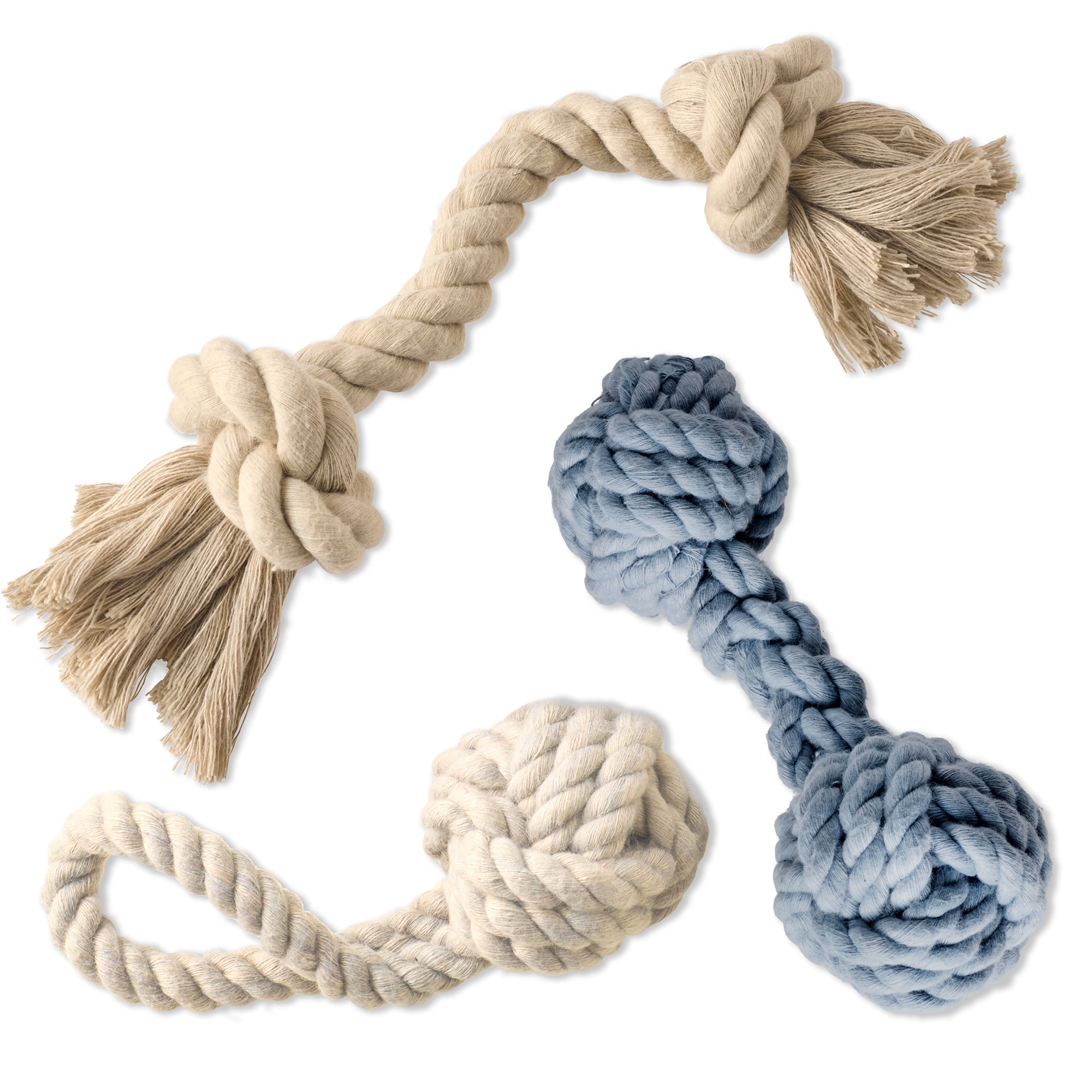 3 rope toys in beige, cream, and blue, on a white background