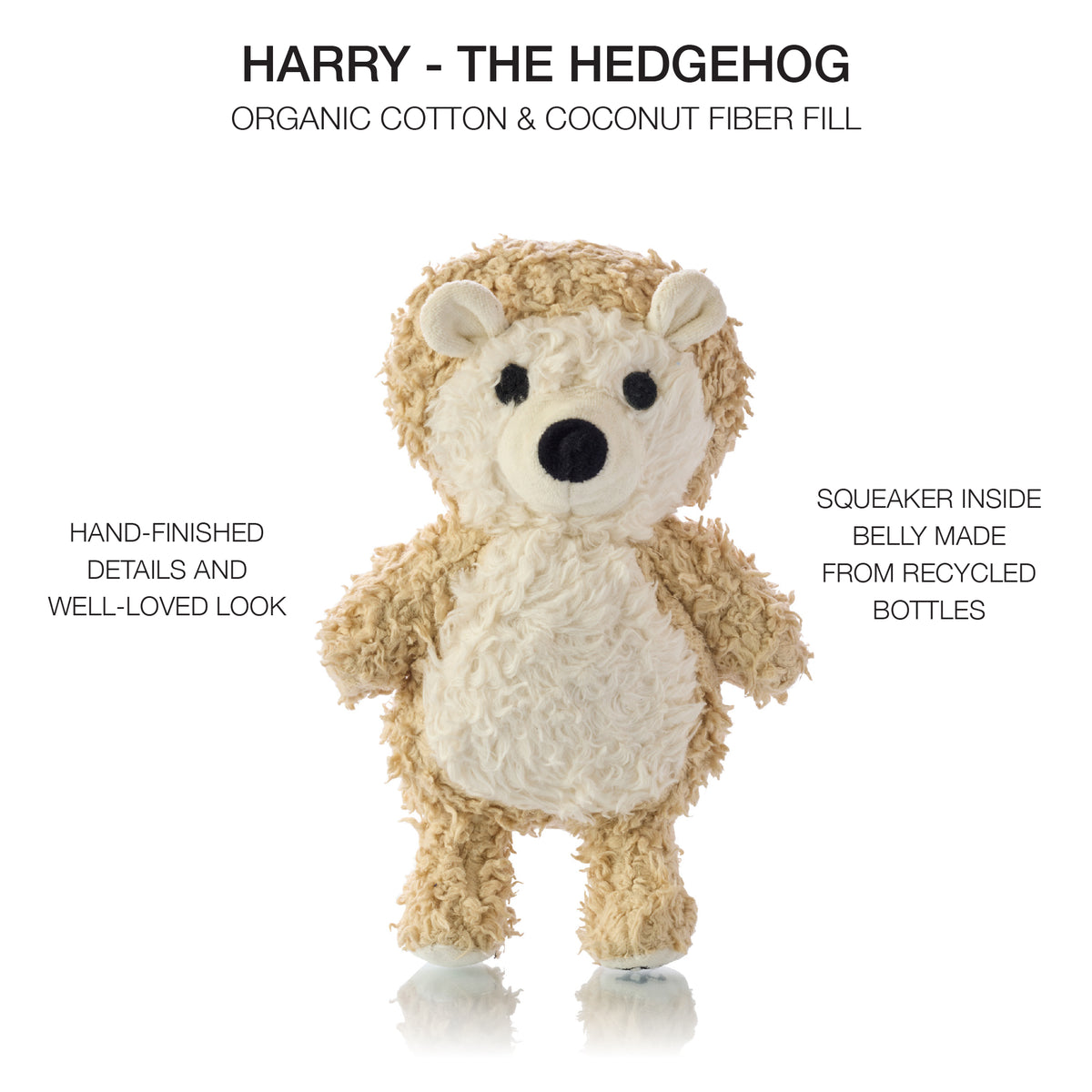 Harry the Hedgehog dog toy with product descriptions on white background