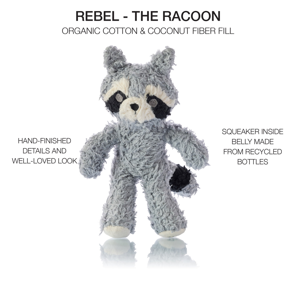 Rebel the Raccoon dog toy with product descriptions on white background