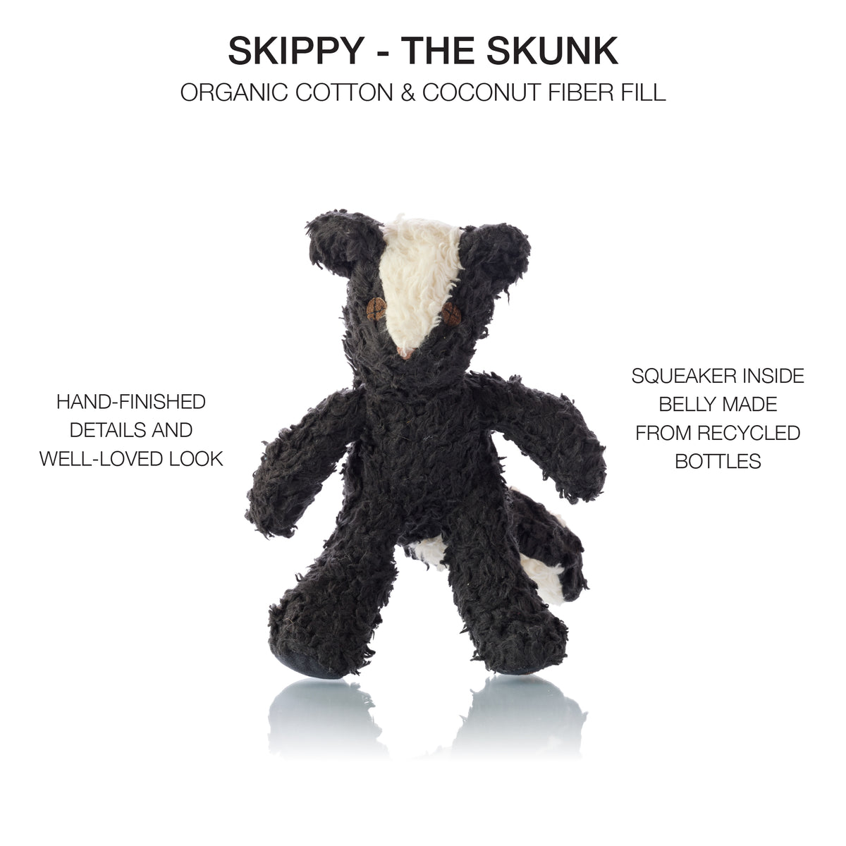 Skippy the Skunk dog toy with product descriptions on white background