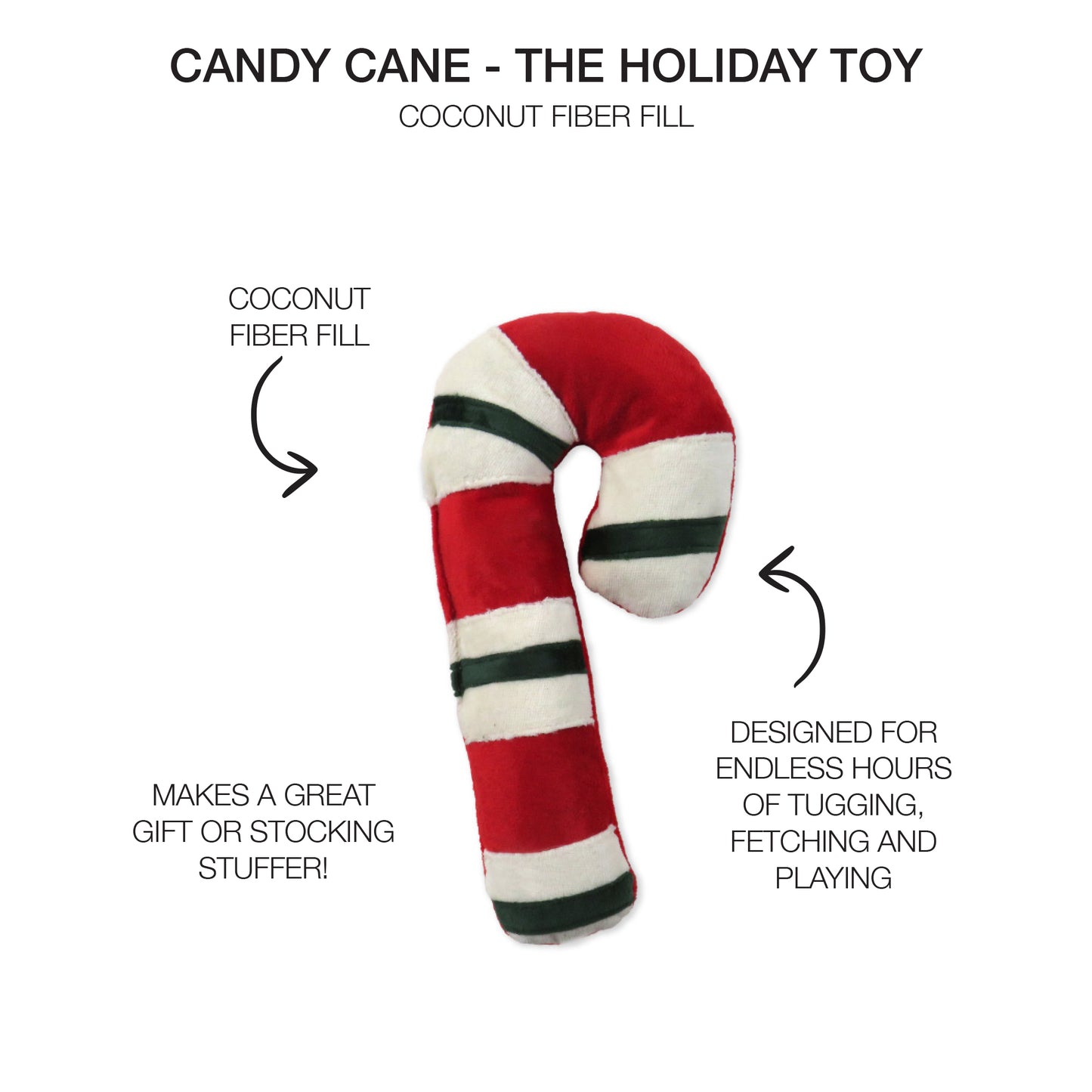 Red candy cane toy with The Holiday Toy label and product details surrounding it