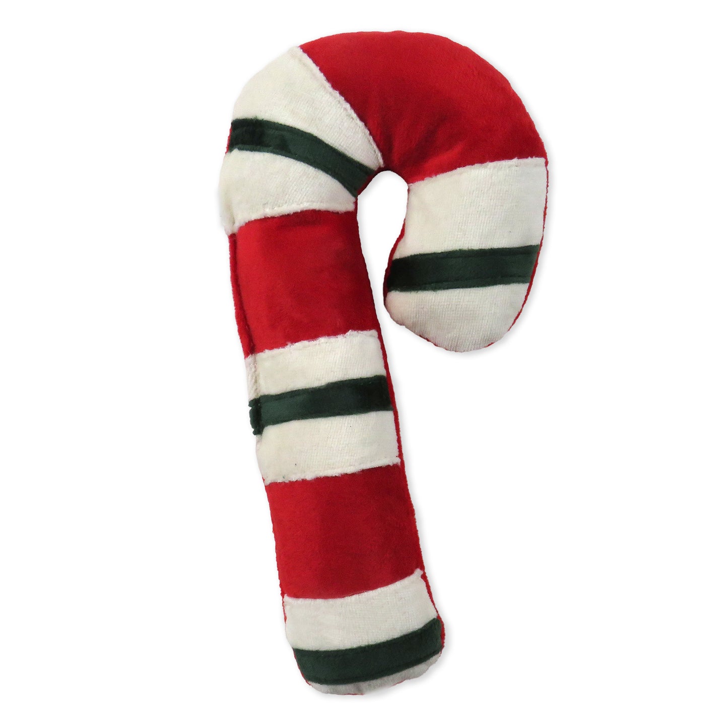 Red, white, and green stripped candy cane chew toy on a white background