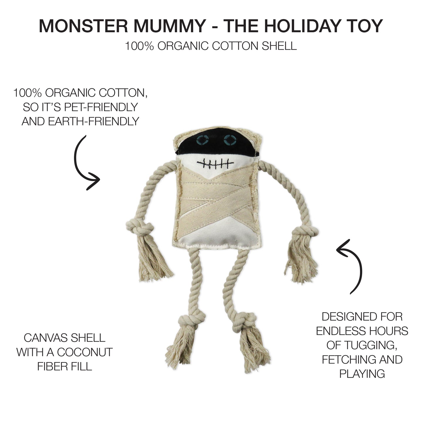 Mummy dog toy on a white background with product descriptions and Monster Mummy Title 