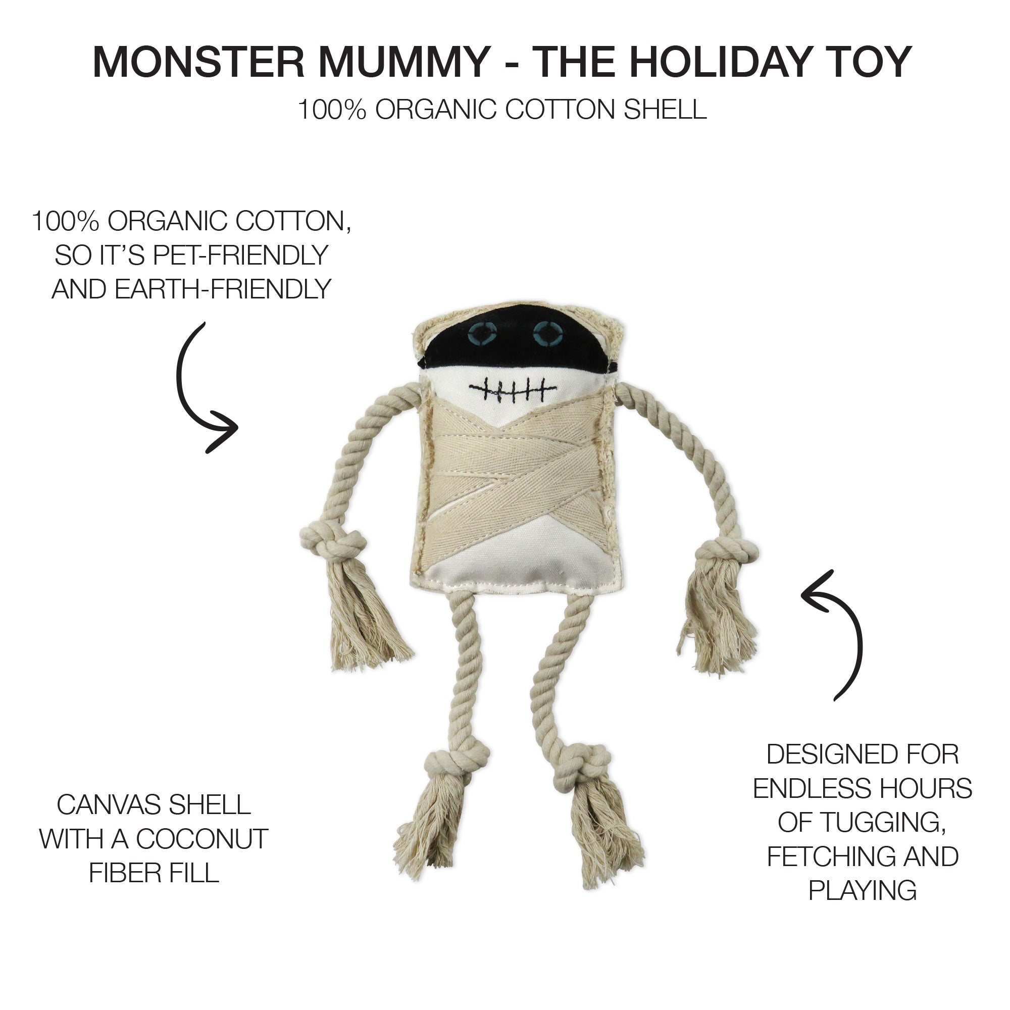 Mummy dog toy on a white background with product descriptions and Monster Mummy Title 