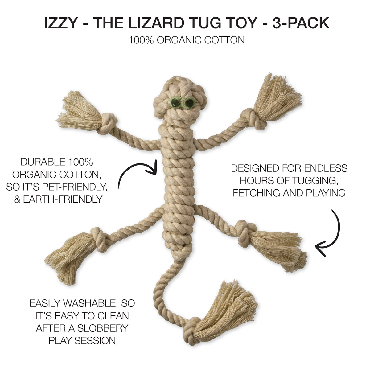 IZZY - THE LIZARD TUG TOY, 3-pack