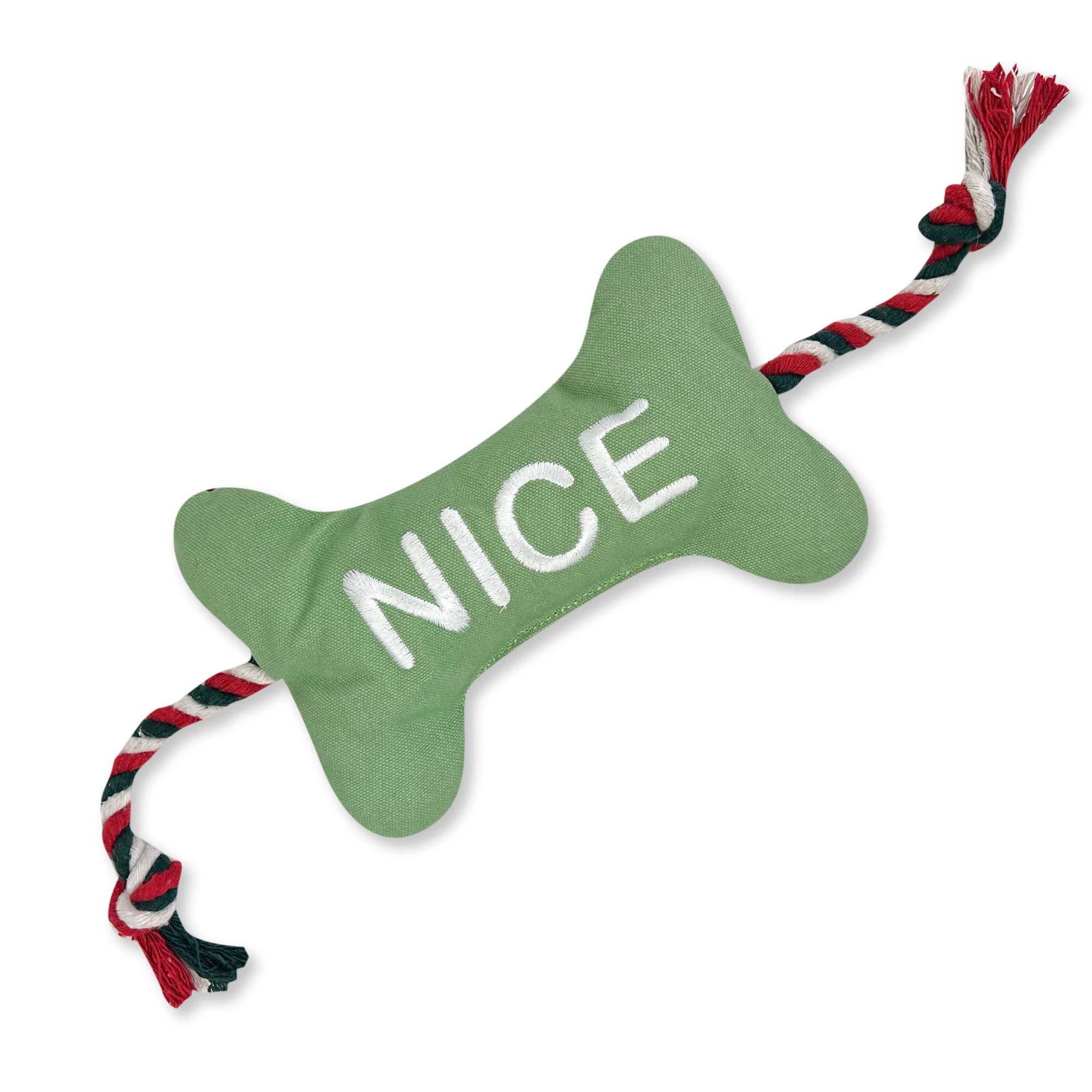 Other side of the Naughty/Nice dog toy with rope attached