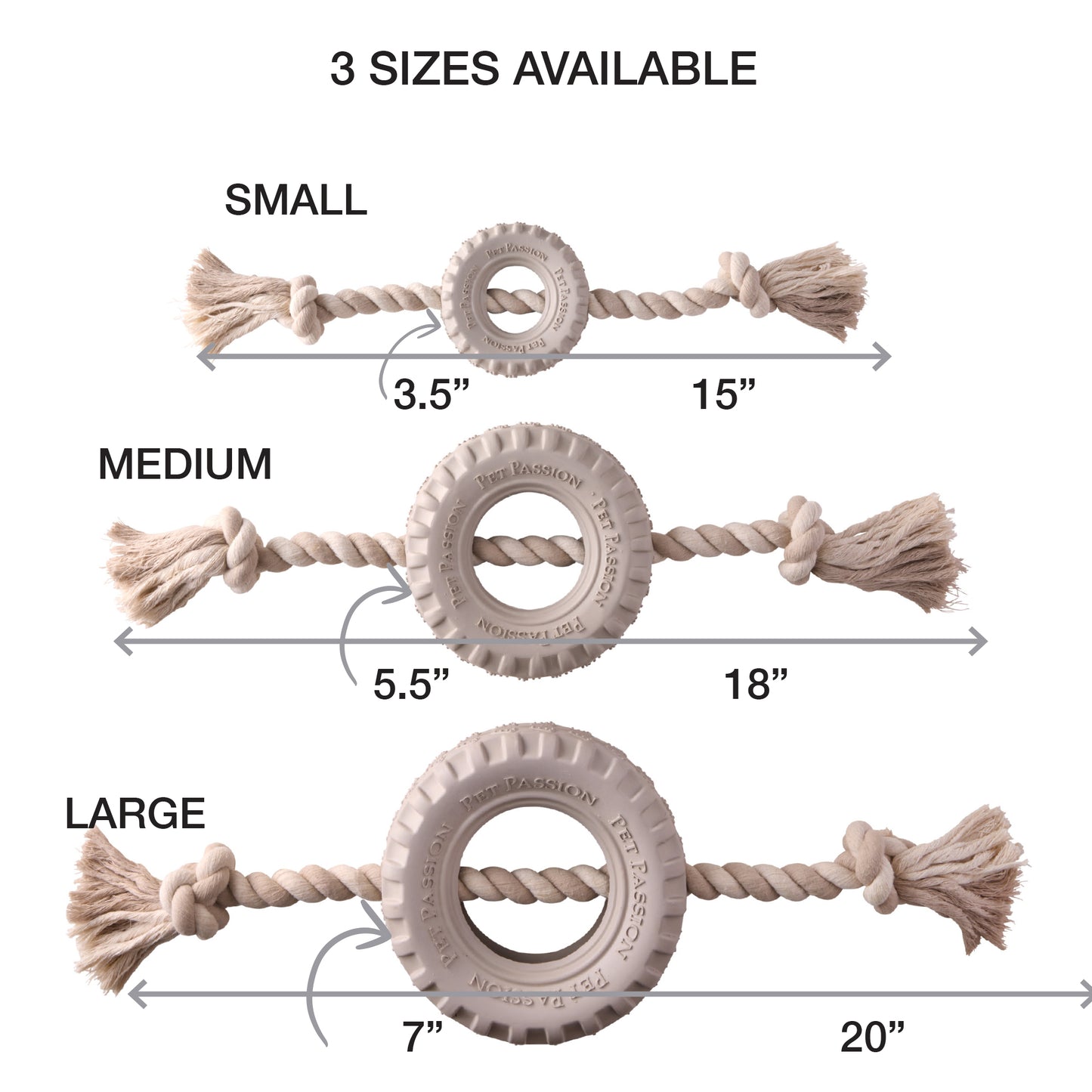 Small, Medium, and Large rope tire toys with measurements