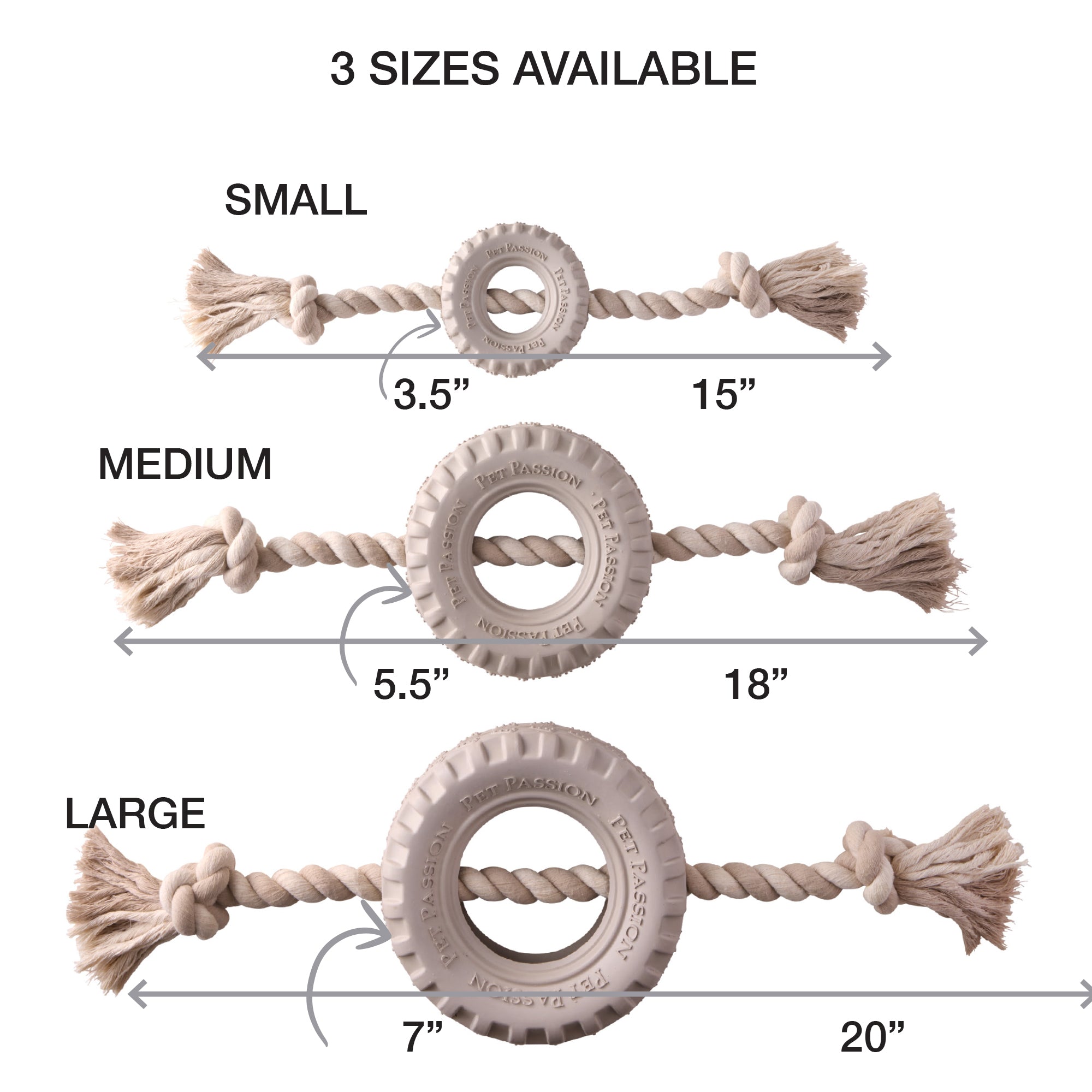 Small, Medium, and Large rope tire toys with measurements