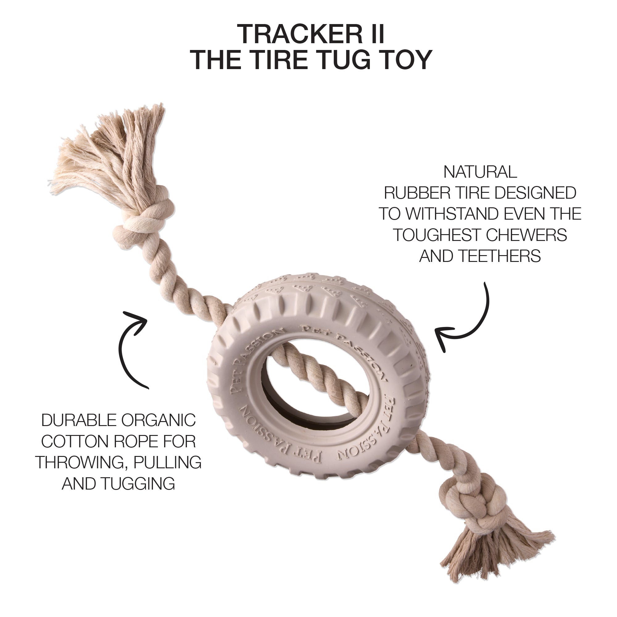 Rope tire tug toy with product descriptions and Tracker II title