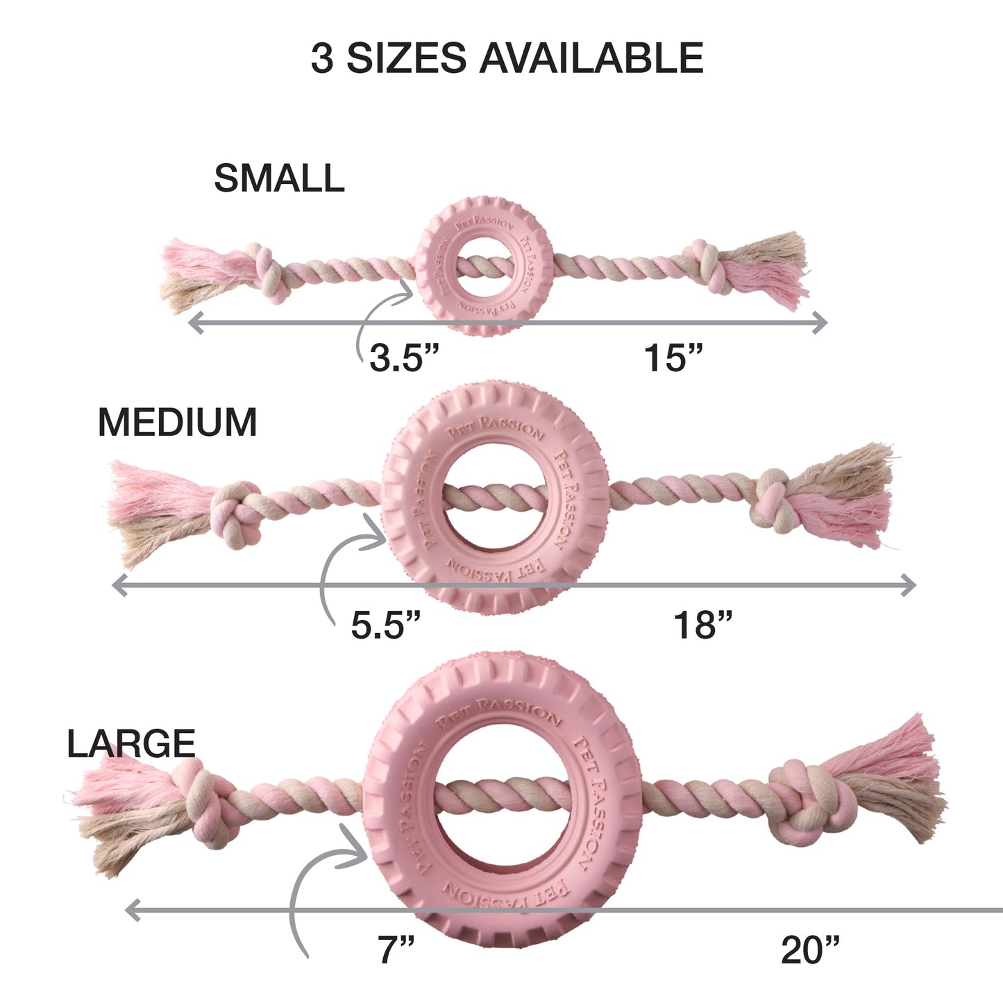 Small, Medium, and Large rope tire toys with measurements
