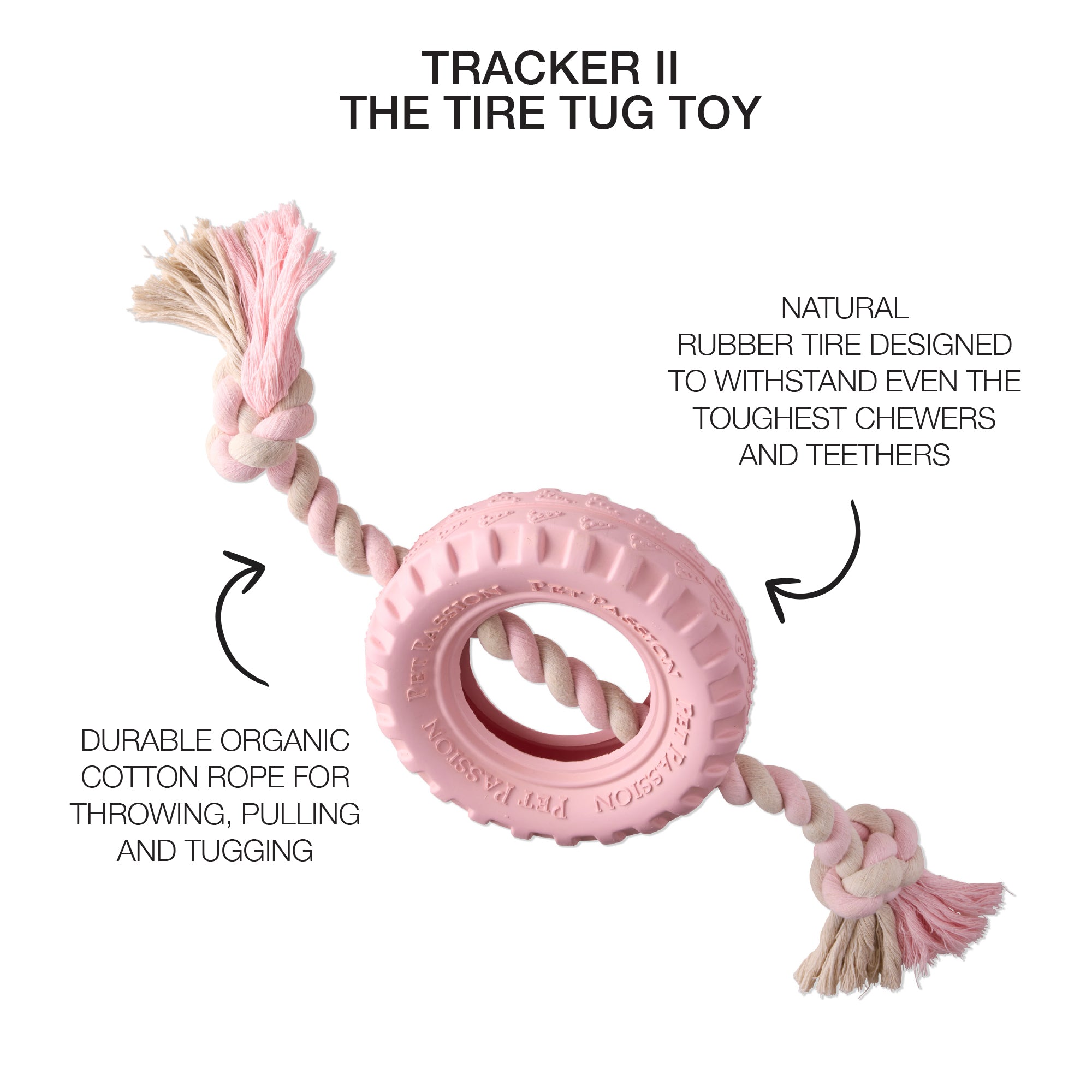 Rope tire tug toy with product descriptions and Tracker II toy
