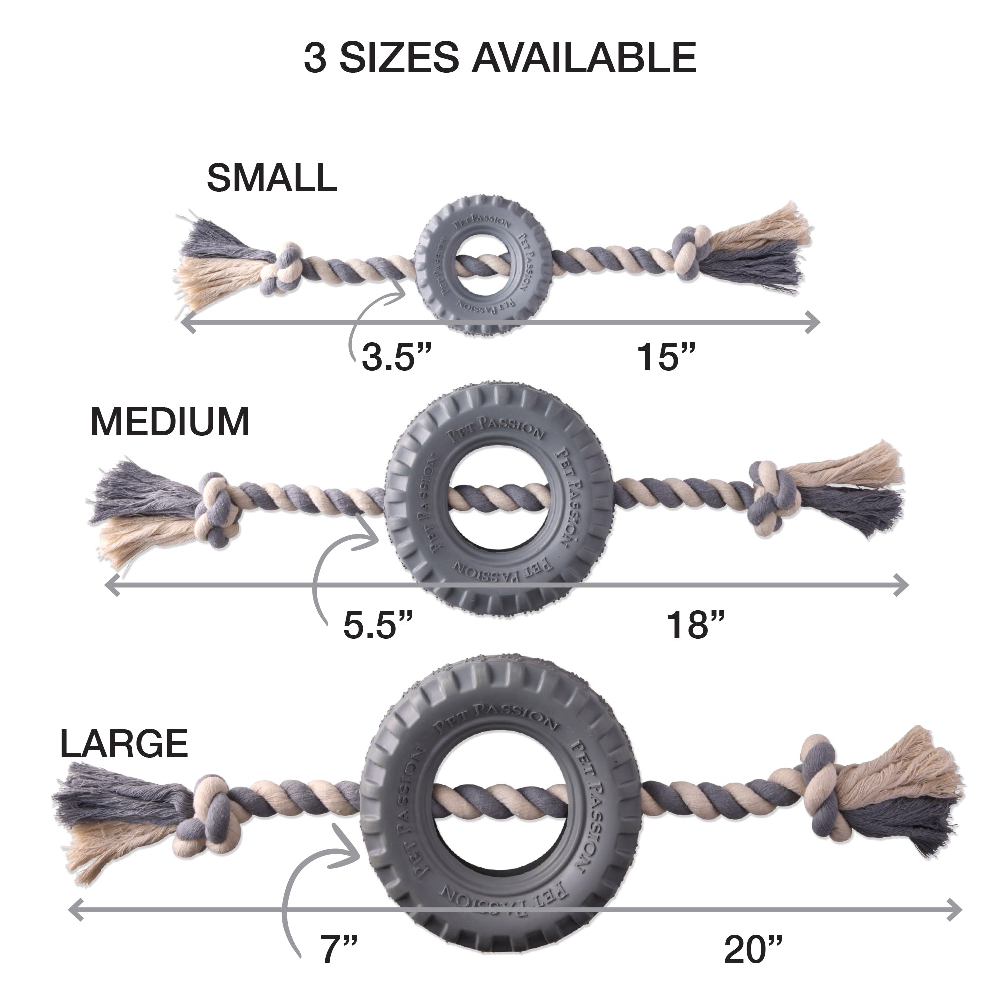 Small, Medium, and Large rope tire toys with measurements
