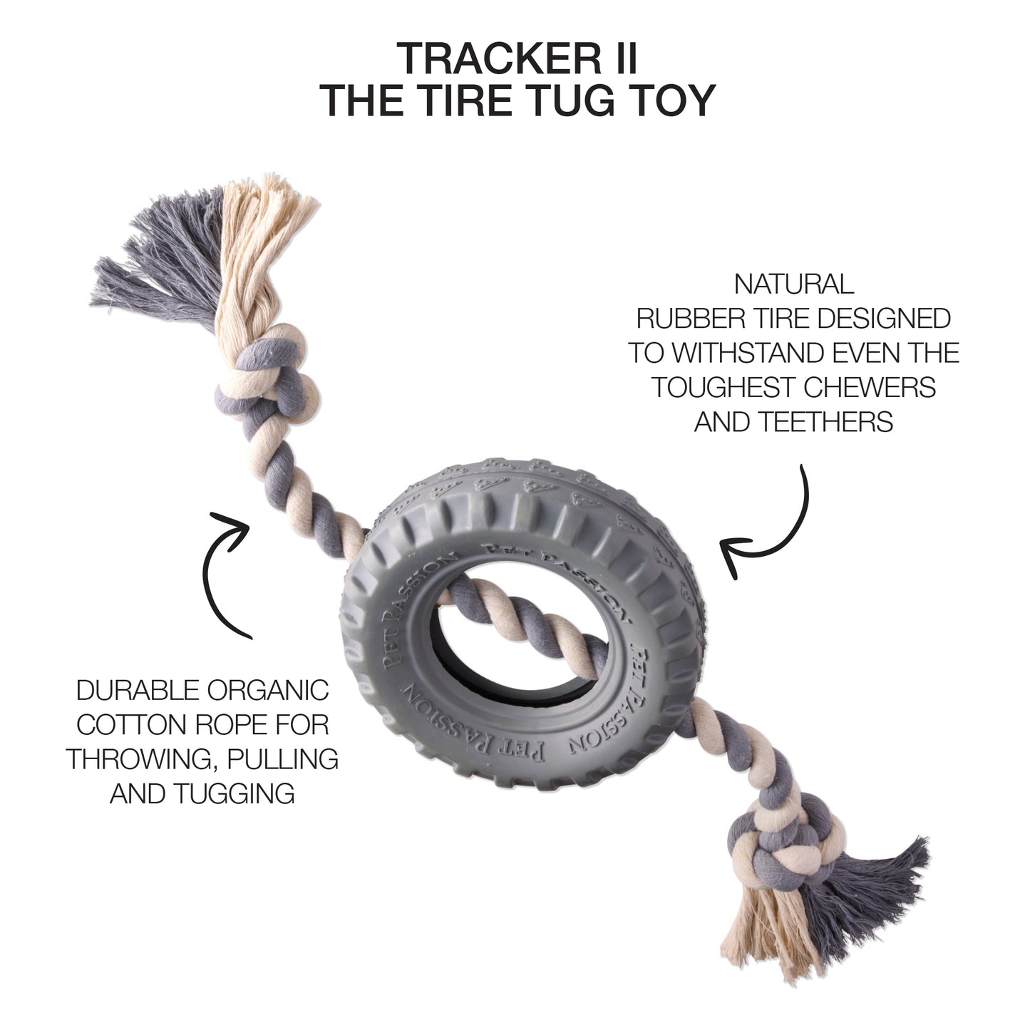 Rope tire tug toy with product descriptions and Tracker II toy
